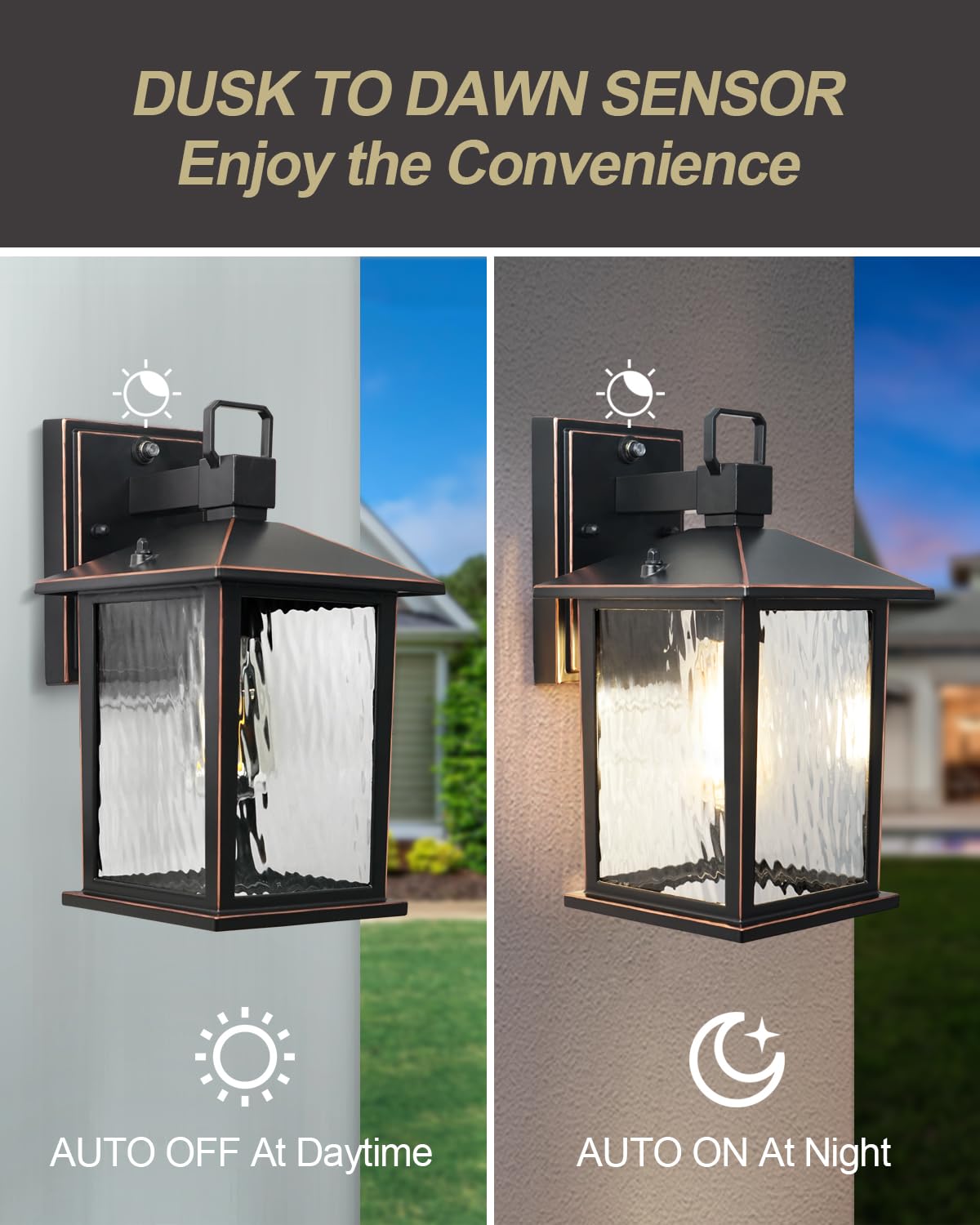 ZILLSEA Dusk to Dawn Outdoor Wall Light, 12'' Oil Rubbed Bronze Sconce with Water Ripple Glass, Hardwired Aluminum, Model A0501Q1