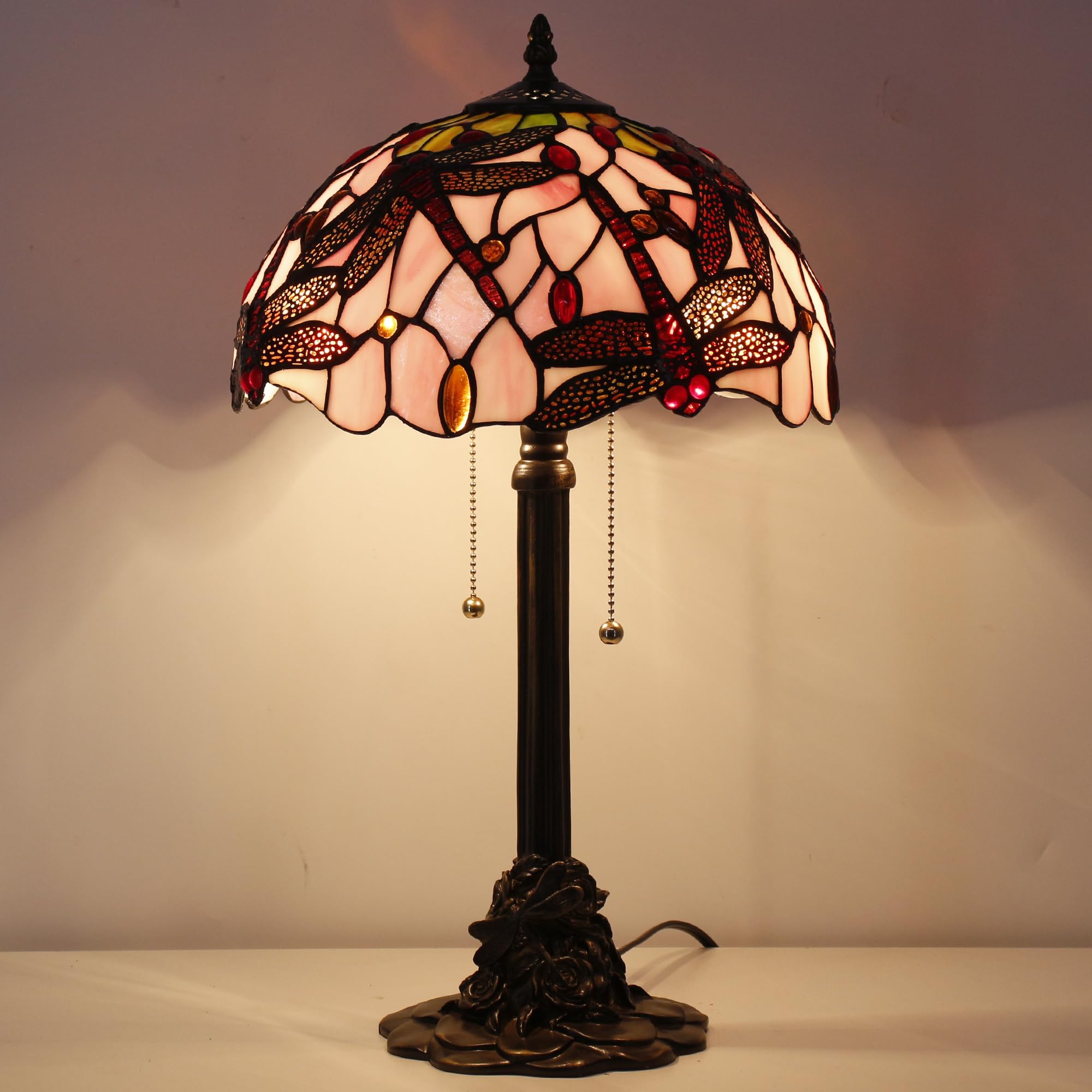 ANYONGLU Tiffany Table Lamp Stained Glass Desk Lamp 12X12X21Inch Resin Base for Bedroom Living Room Reading Light (Pink Dragonfl