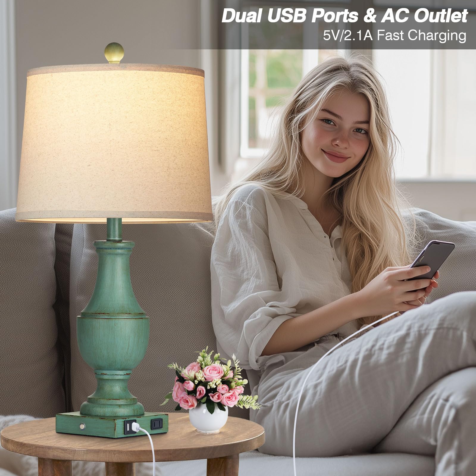 Rinweey Farmhouse Table Lamp Set Of 2, Rustic Touch Control 3-Way Dimmable Lamps With Usb A+C Charging Ports & Ac Outlet, Vintag