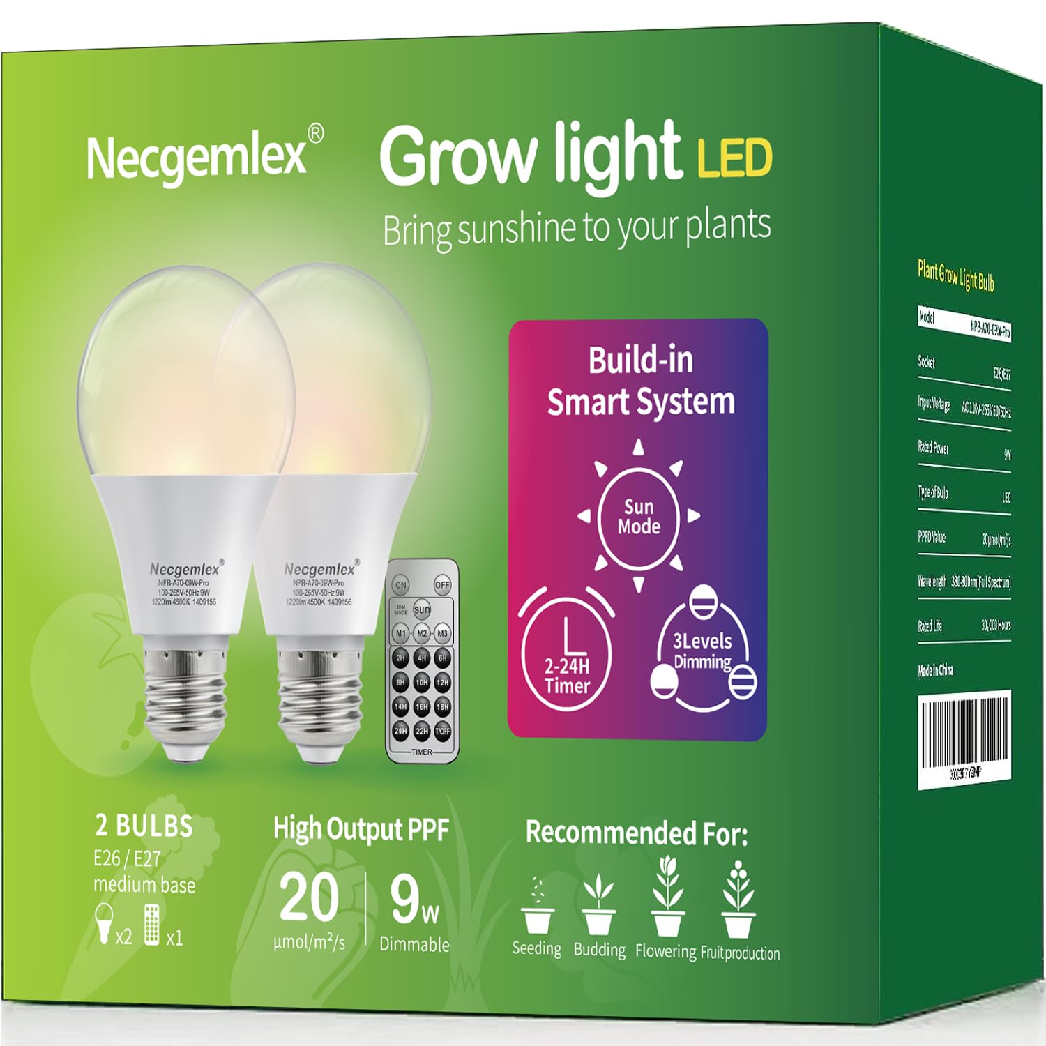 Necgemlex Smart Led Grow Light Bulbs With Remote Controller, Sun Mode, Built-In Daily Auto Timer, 4500K, A21/A70 E26/E27 9W Dimmable Full Spectrum Grow Bulbs For Indoor Plants, 2 Pack