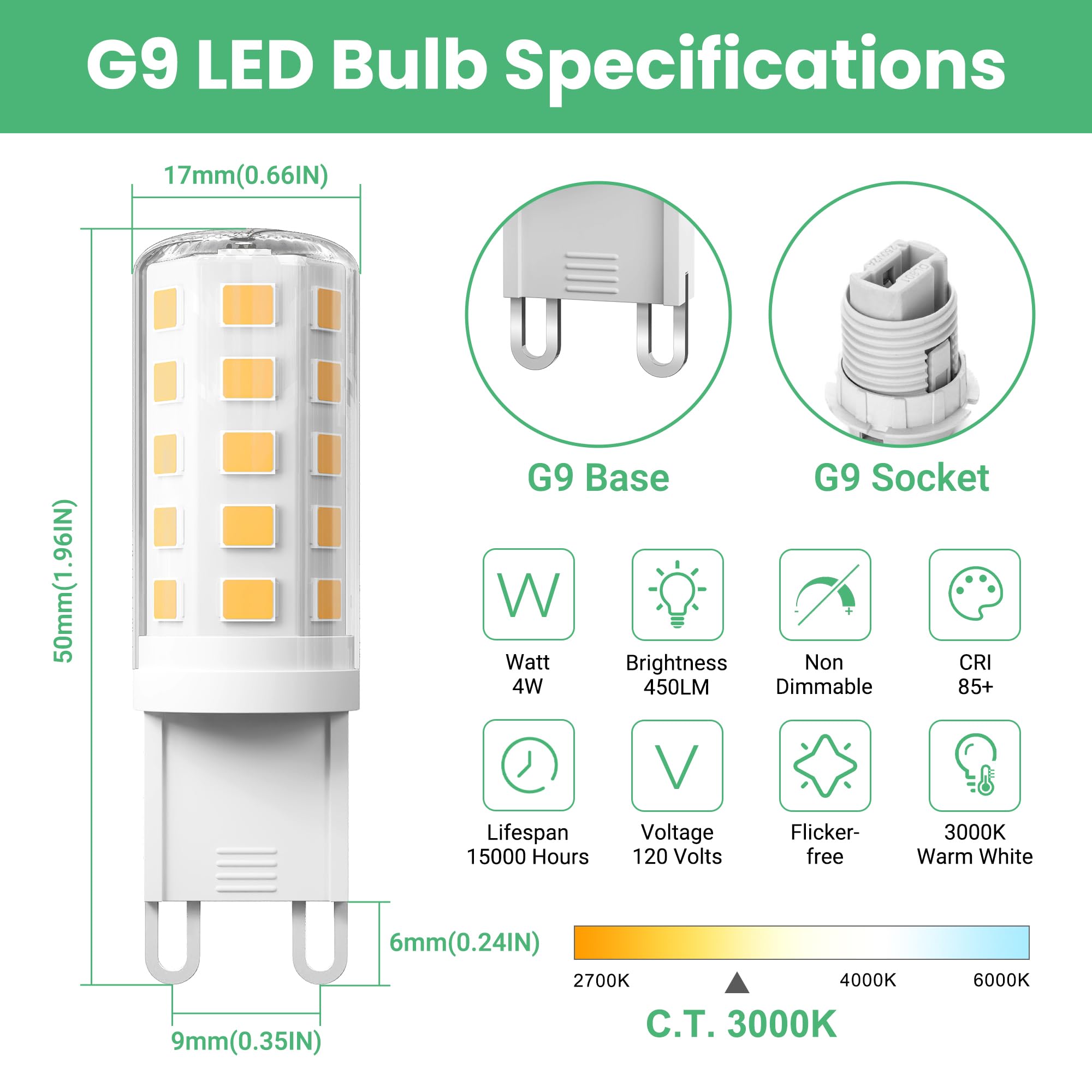 Volivo G9 Led Bulb 4W, 3000K Soft Warm White, 40 Watts Halogen Replacement T4 G 9 Bi Pin Base, Non-Dimmable No Flicker 120V 450