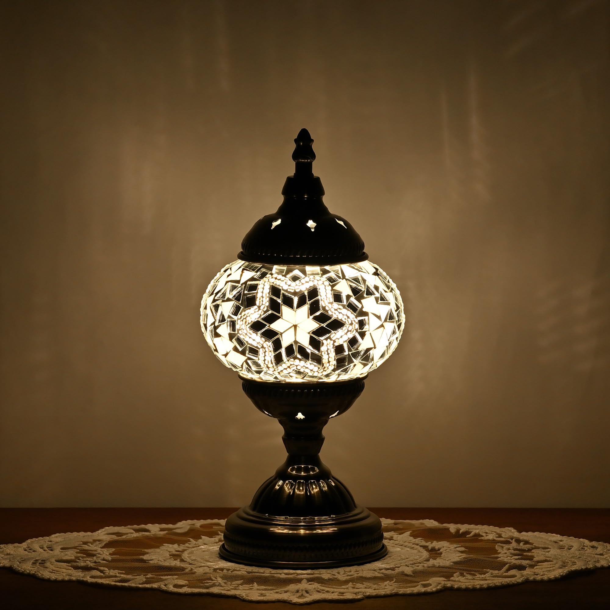 GOGERS Turkish Moroccan Table Lamp Lantern, Handmade Mosaic Glass, Tiffany Style, Bohemian, White 2, Model GS-HH-Y8