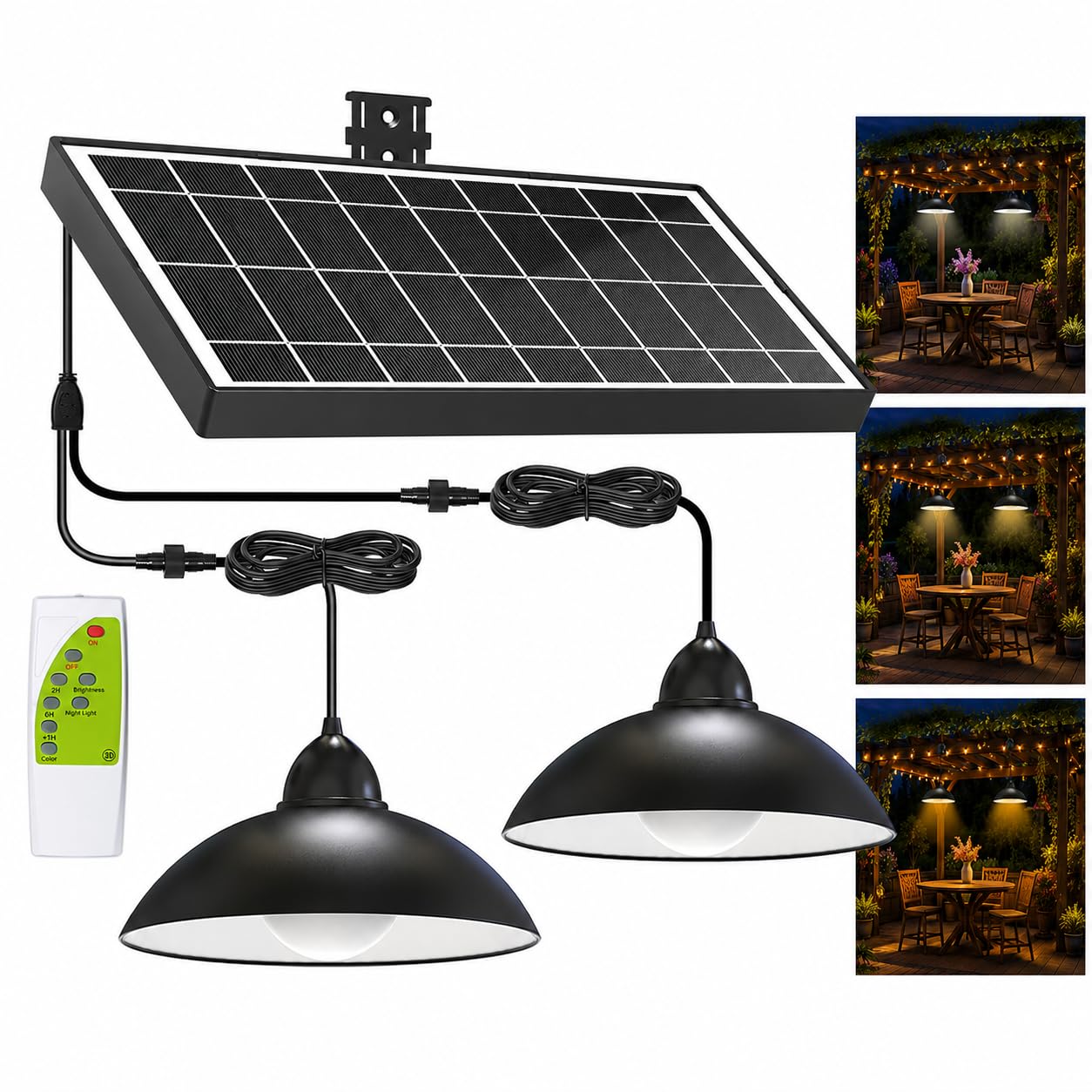intelamp Solar Shed Light Indoor Outdoor Waterproof, 2-Head Pendant Light with Remote Control, 3 Color Modes, Warm White Solar P