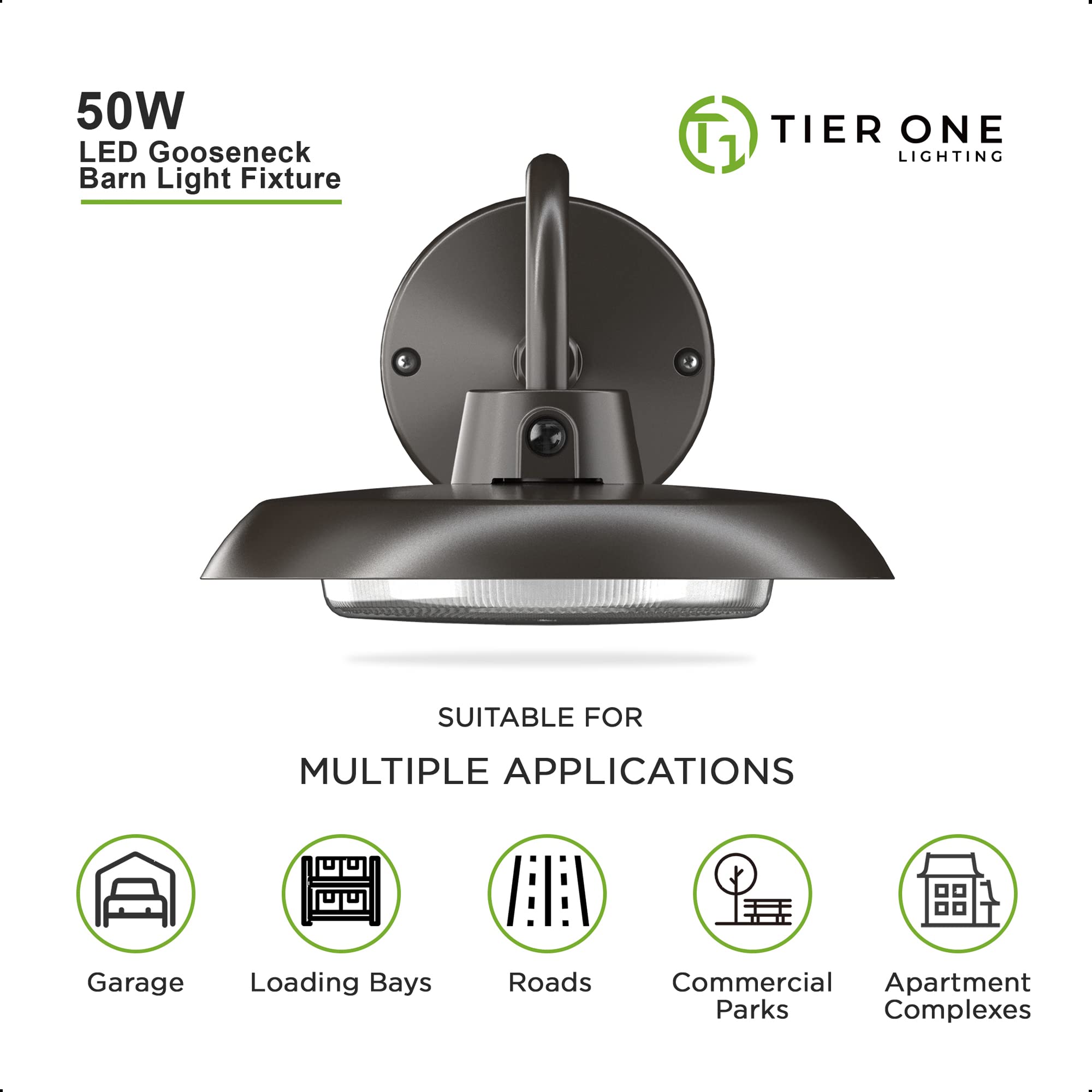 TIERONE 50W LED Gooseneck Barn Light - 10in Dark Bronze, Dusk to Dawn, Wall/Pole Mounted, UL Listed, 5000LM, Model LMS-E