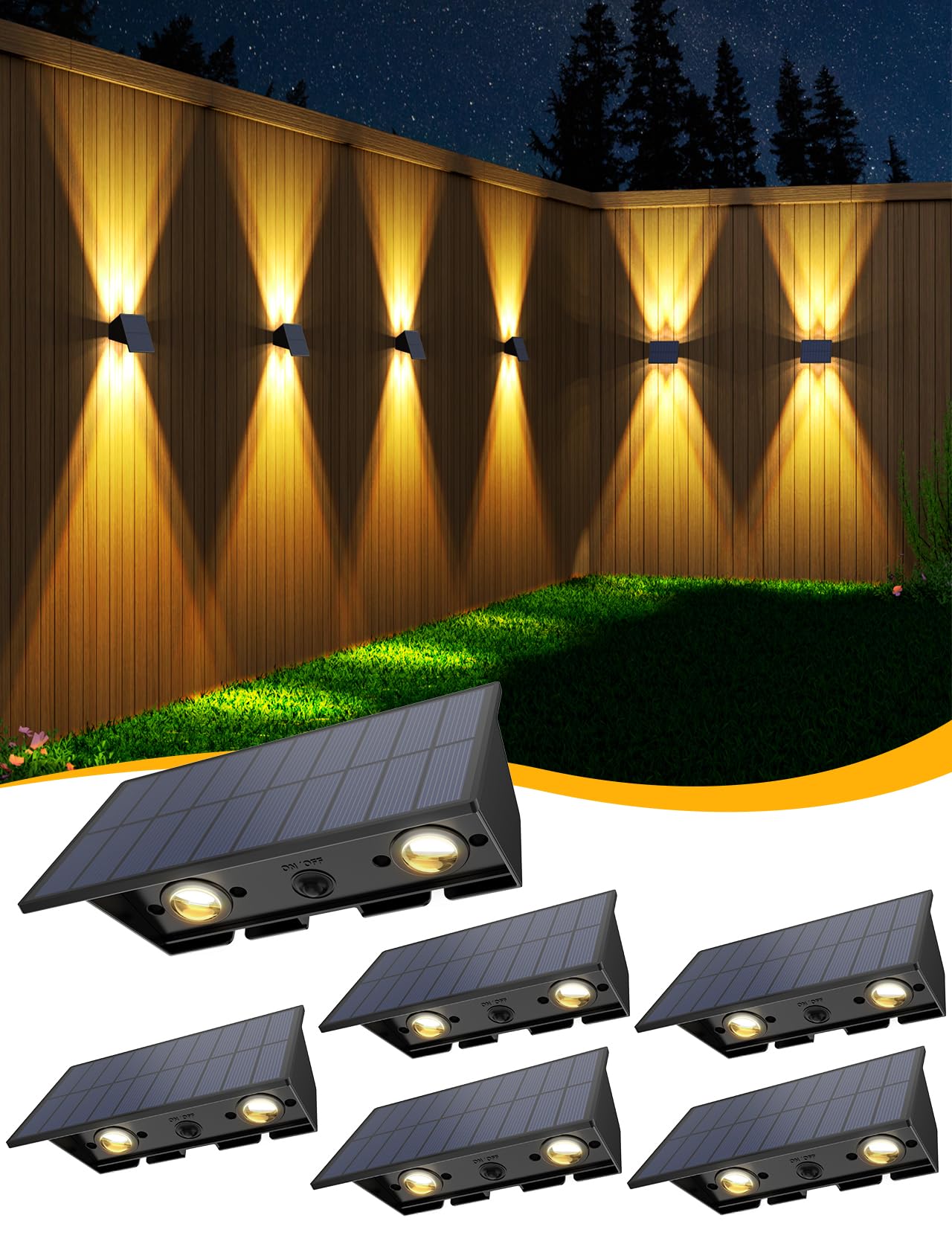Solar Fence Lights,6Pack Solar Lights Outdoor Warm White Up & Down Solar Wall Lights Waterproof 100 Lumens Dusk to Dawn Solar Po