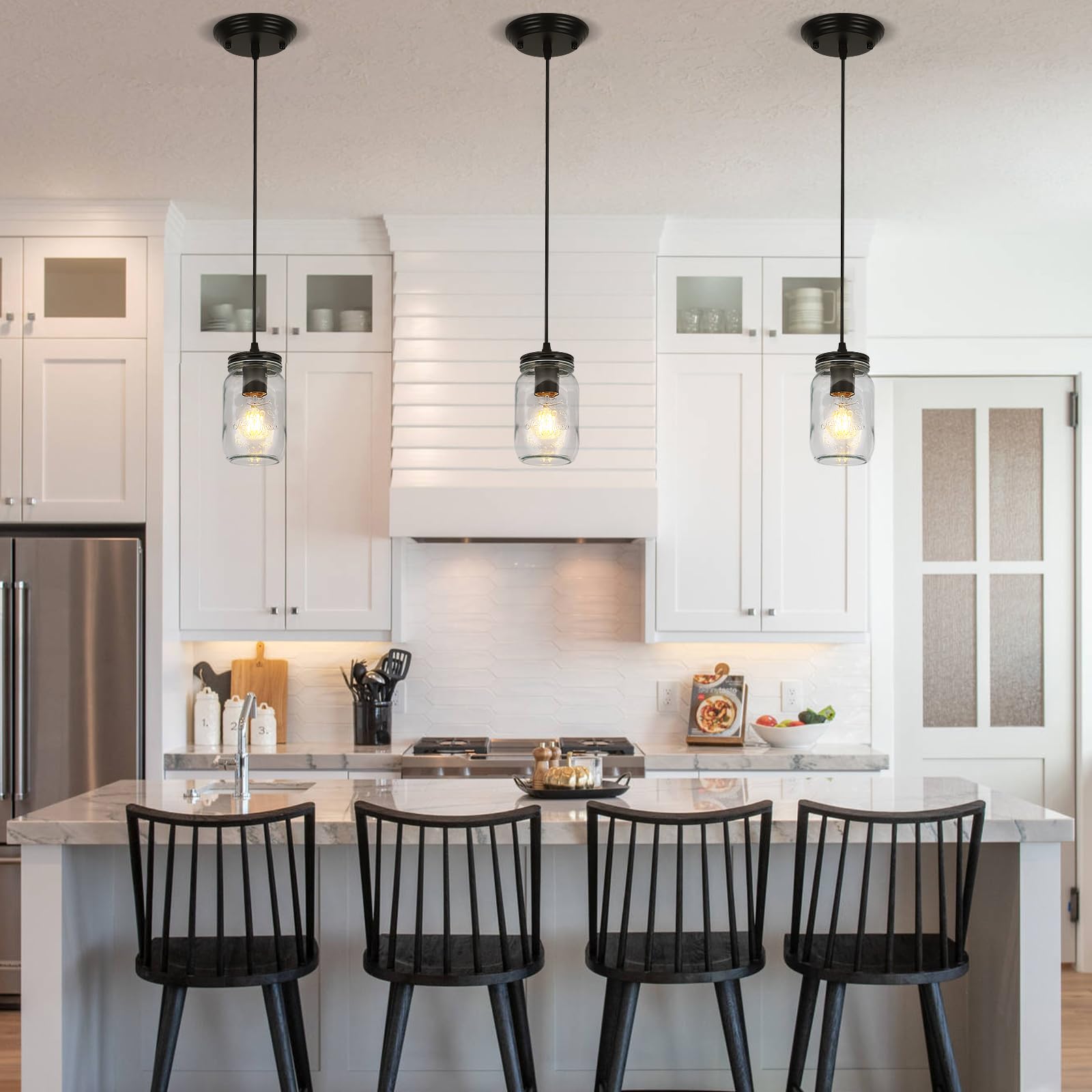 UShe DHome Glass Pendant Light Fixture, 1-Light Black with Clear Glass Shade, D 3.5in for Kitchen, Dining Room, Hallway