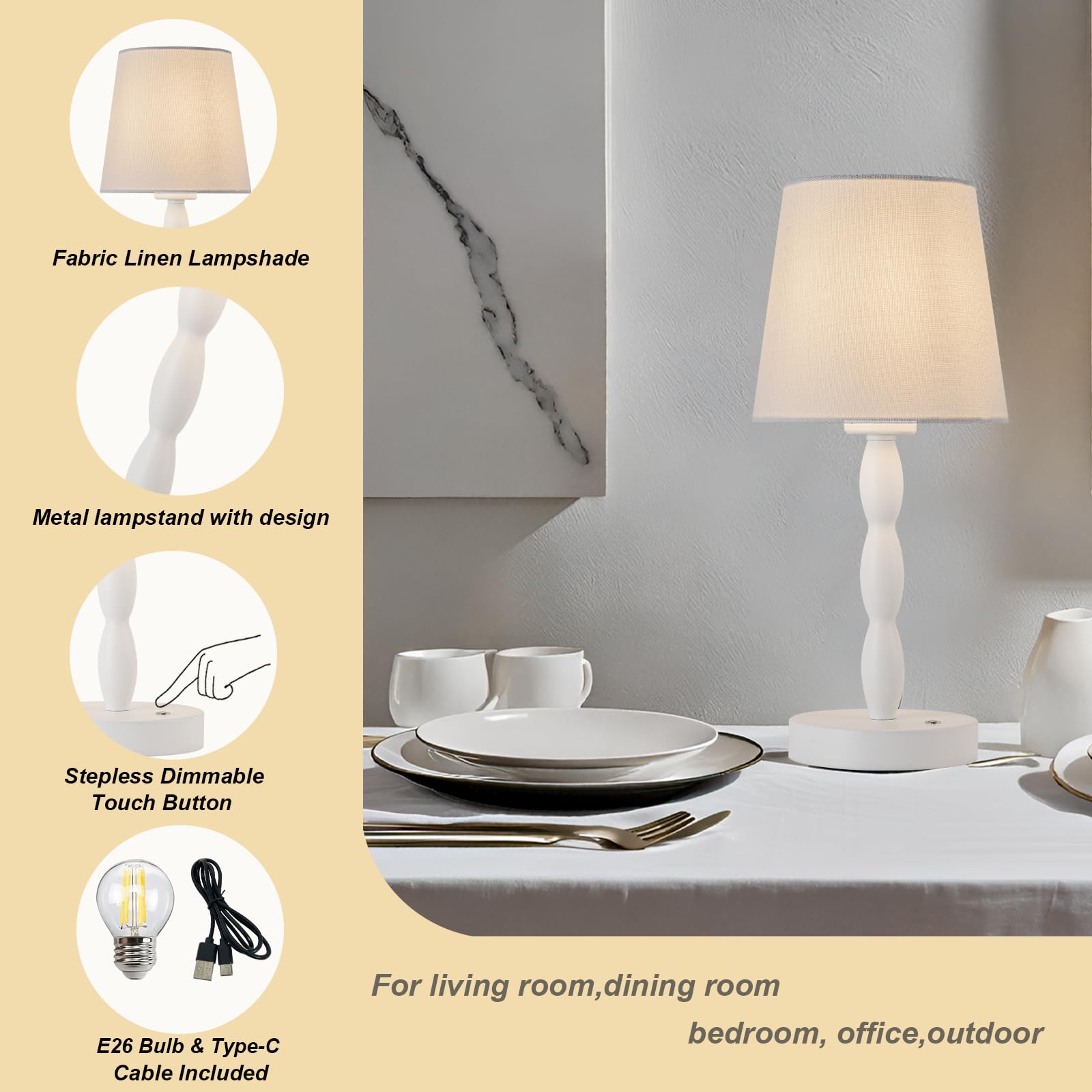 CASTLELIFE Portable Cordless Table Lamp, Rechargeable, 3-Level Brightness, Metal, White, Model CL8433-BS