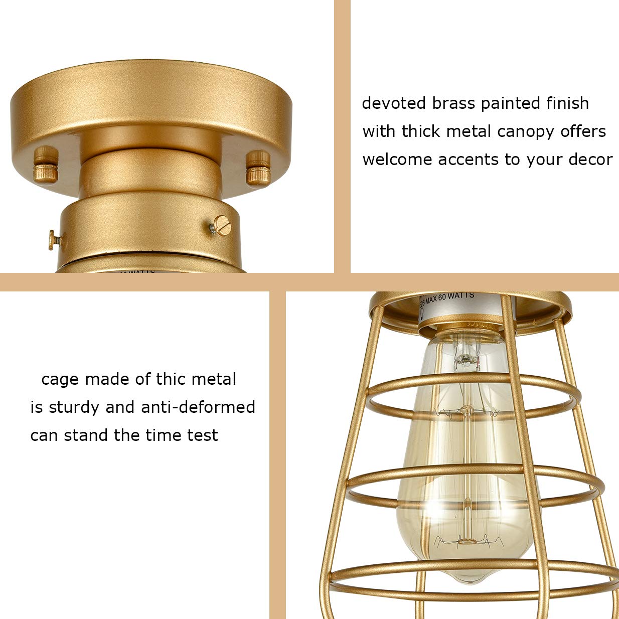 Modern Gold Semi Flush Mount Ceiling Light Kitchen Hallway Light Fixture Ceiling Mini Industrial Metal Cage Light Vintage Close