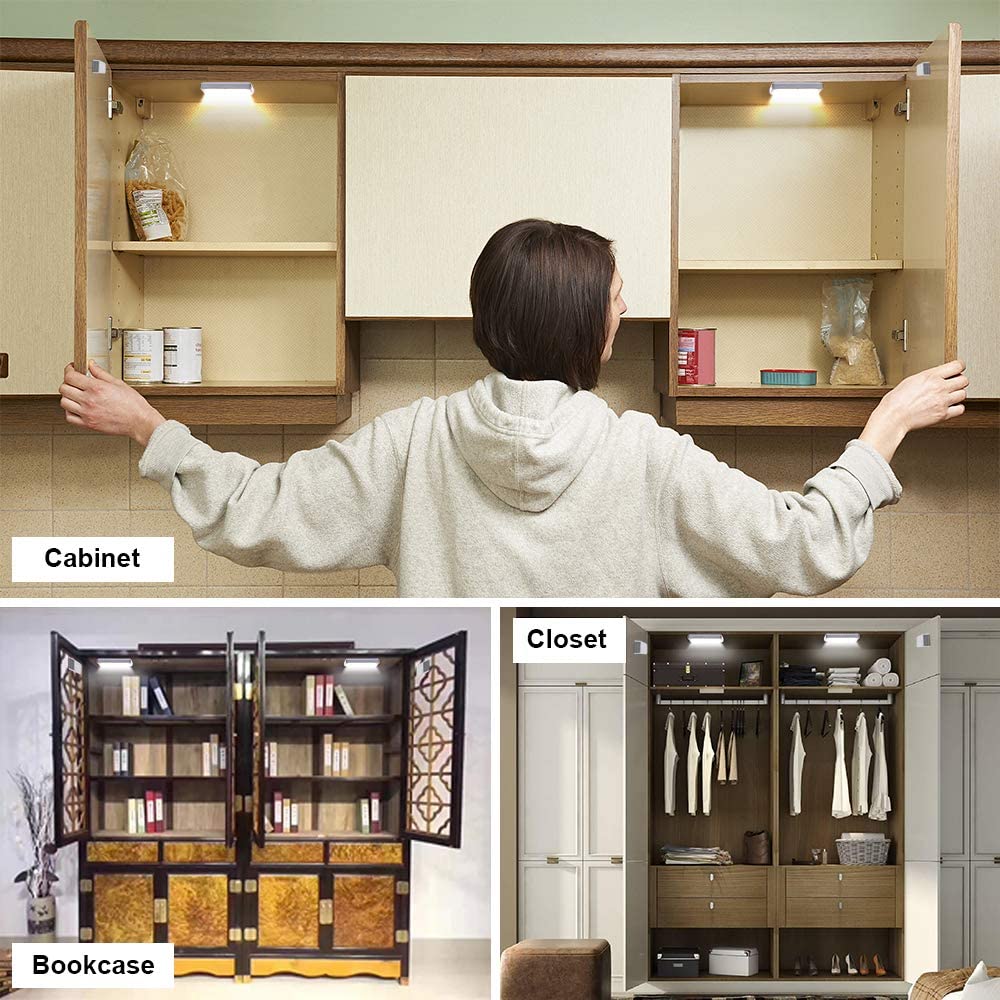 Amagle Magnetic Door Open Sensor Lights - Battery Operated LED Puck Lights for Cabinets, White/Grey, Model GH-400, 4 Pack