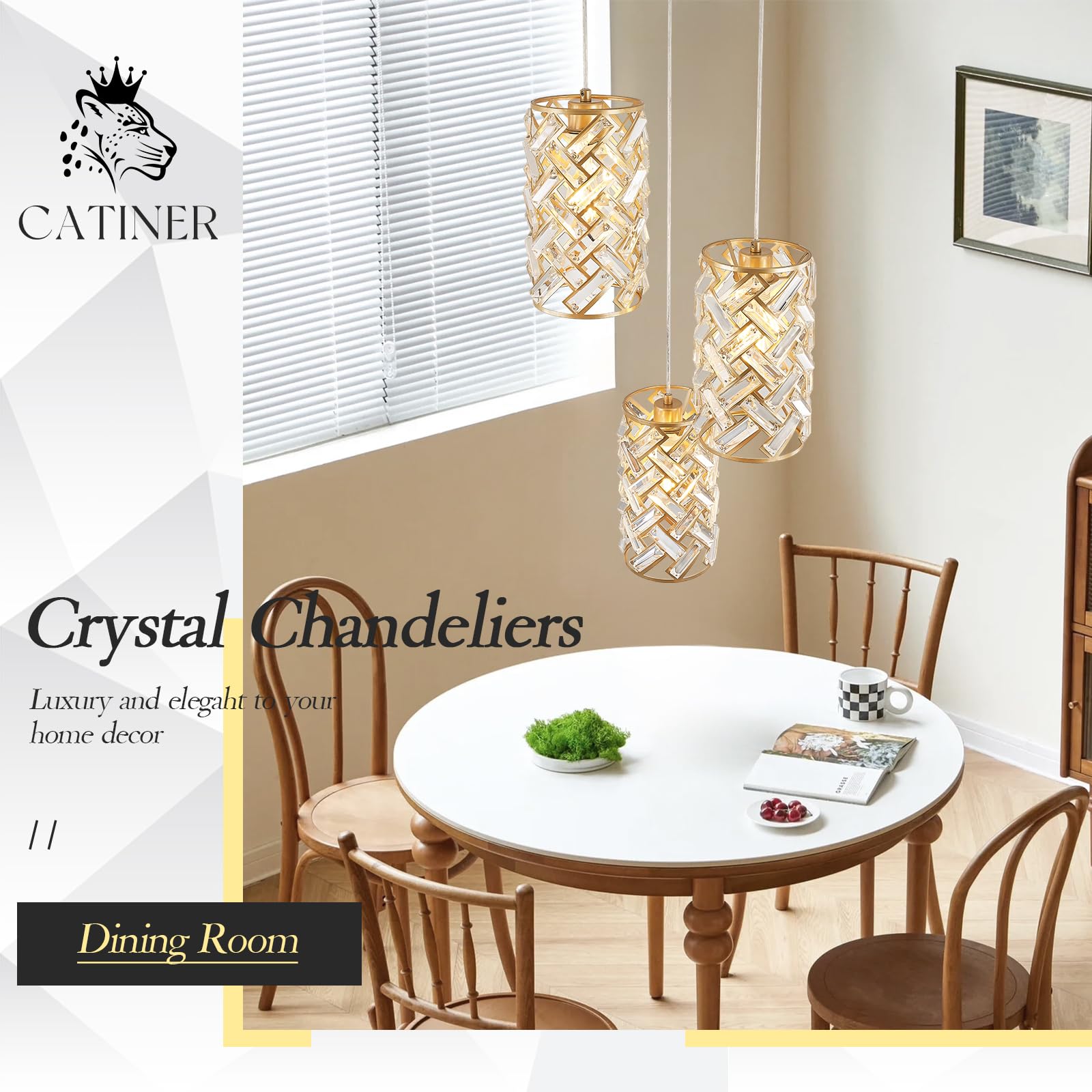 Catiner 3-Light Modern Gold Crystal Pendant Light Luxury Mini Chandelier, Adjustable Cluster Pendant Lighting For Kitchen Island