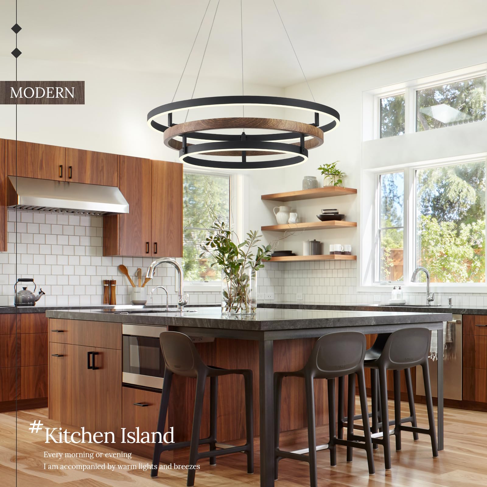 CaraLuxe LED 3-Ring Chandelier Light Fixture, Dimmable, 24in, Walnut Wood Black, Model 1004B for Dining Room, Bedroom, Living Room