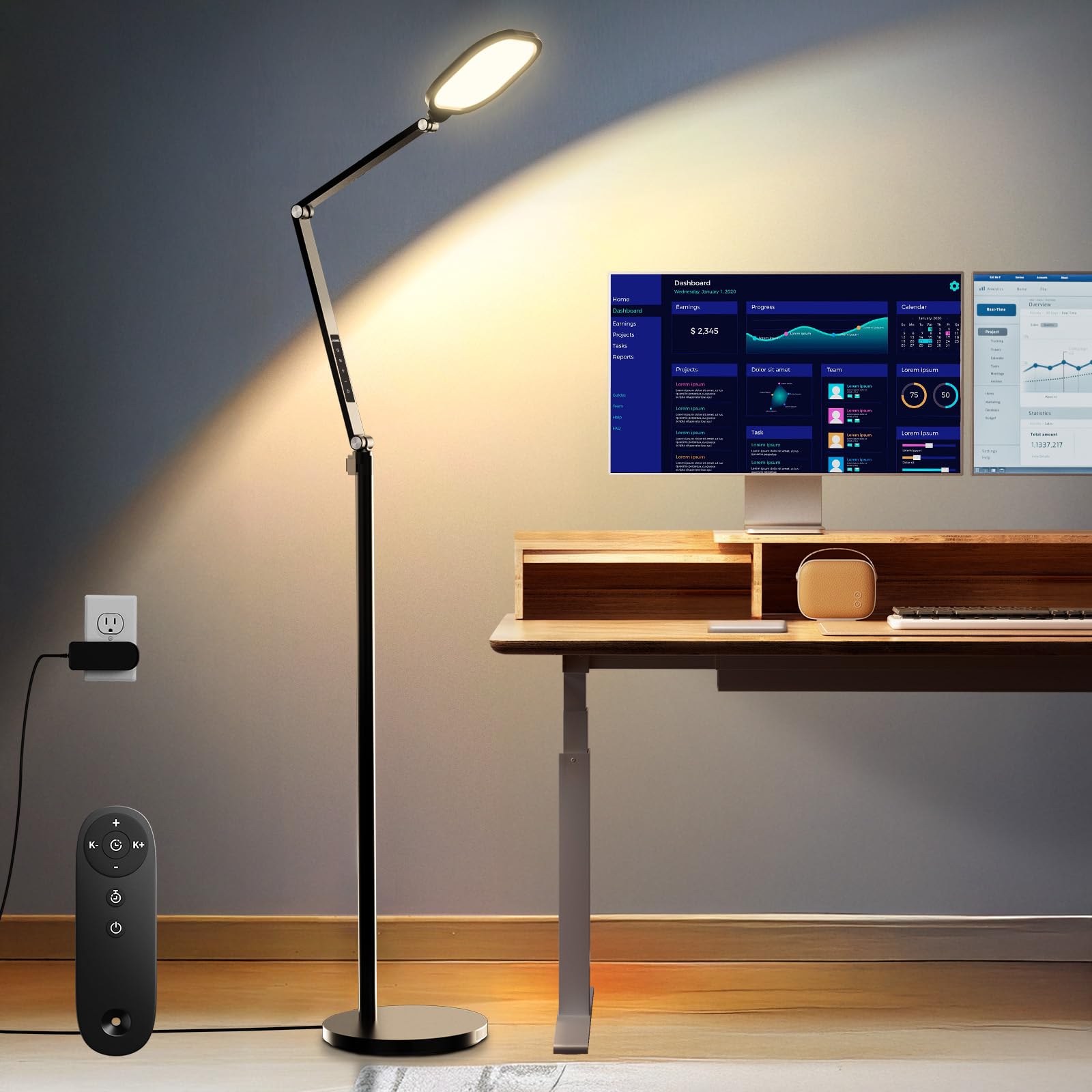 LitONES LED Floor Lamp for Office, 30 Lighting Modes Dimmable Standing Lamp with Memory & Timer Function, Soft Eye-Caring Office
