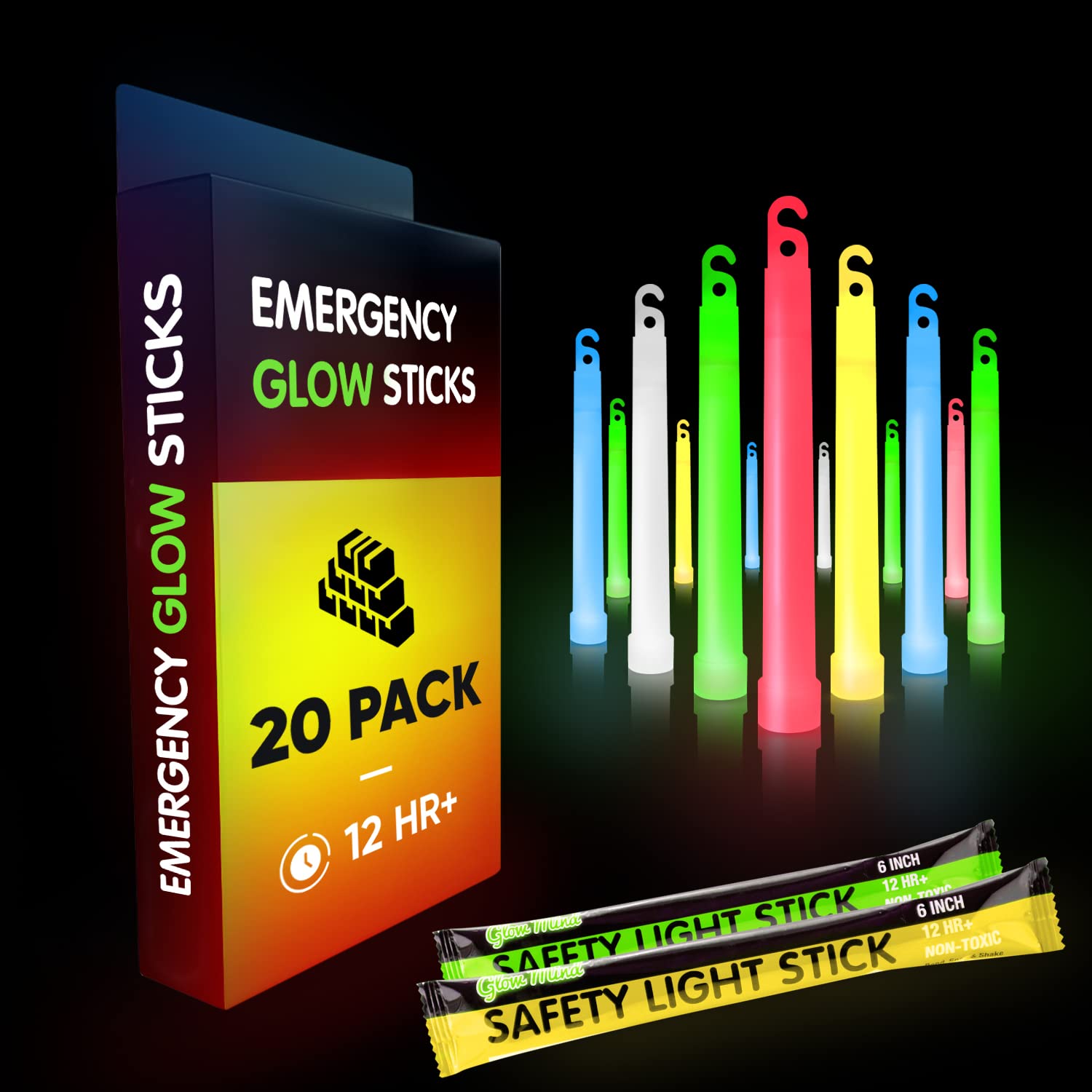 Glow Mind Glow Sticks - 20 Pack Emergency Light Sticks, Chemoluminescence, Lasts Over 12 Hours, Multi Color