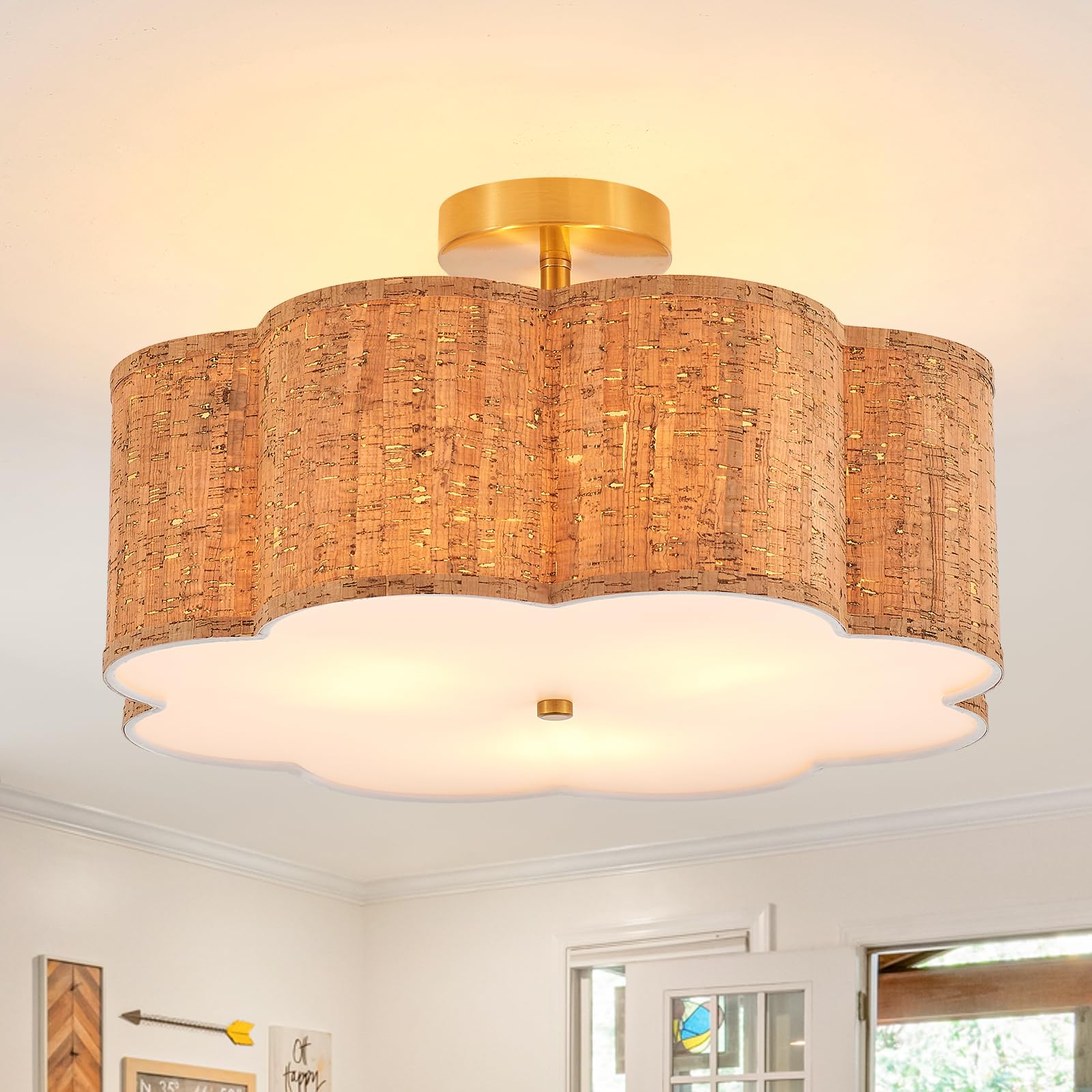 Widluth Modern Semi Flush Mount Ceiling Light Modern Gold Drum Ceiling Lighting Fixture Vintage Linen Golden Ceiling Lamp For La