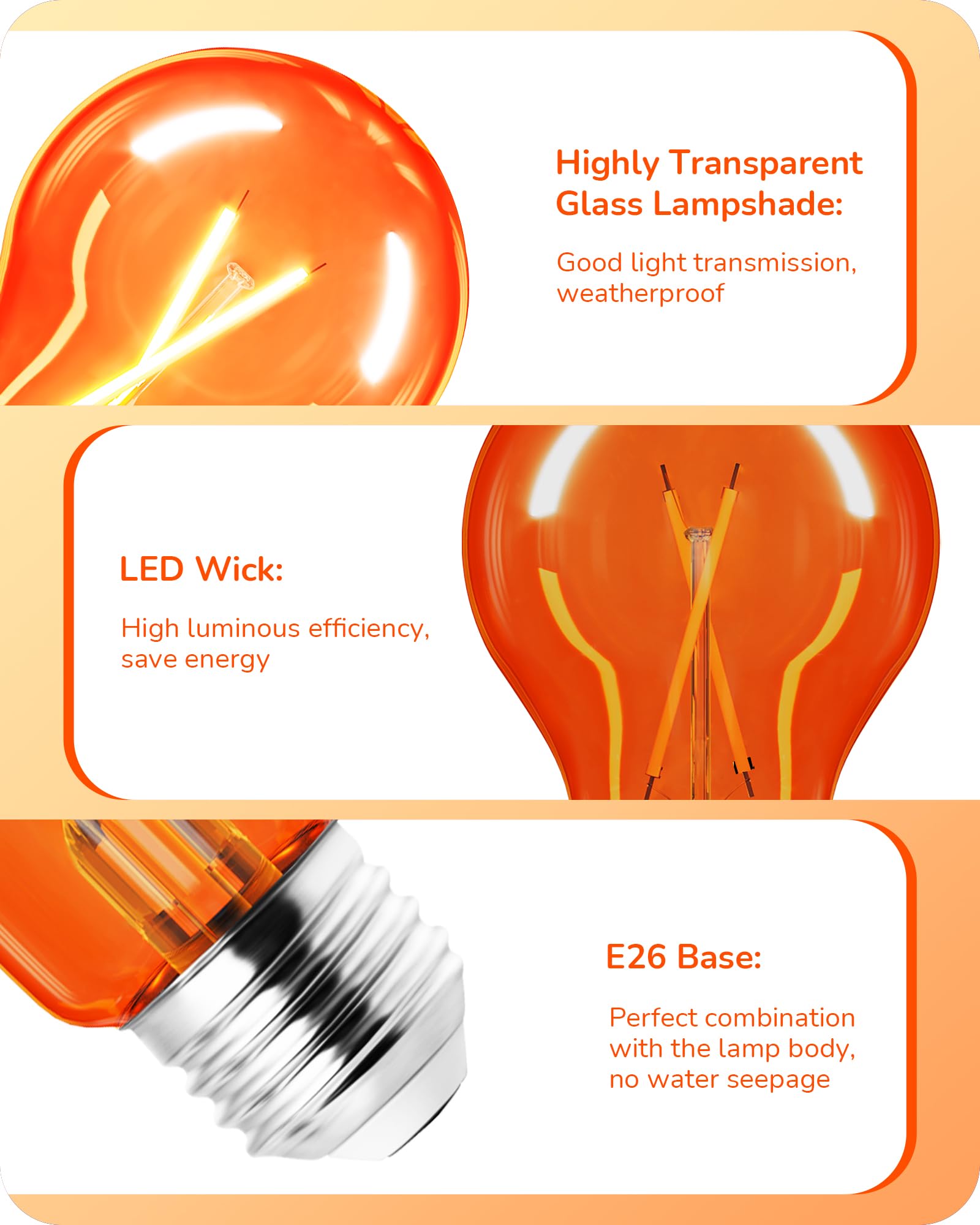 EDISHINE 8W A19 Dimmable LED Light Bulb, Orange Glass Filament, E26 Base, UL Listed, 4 Pack