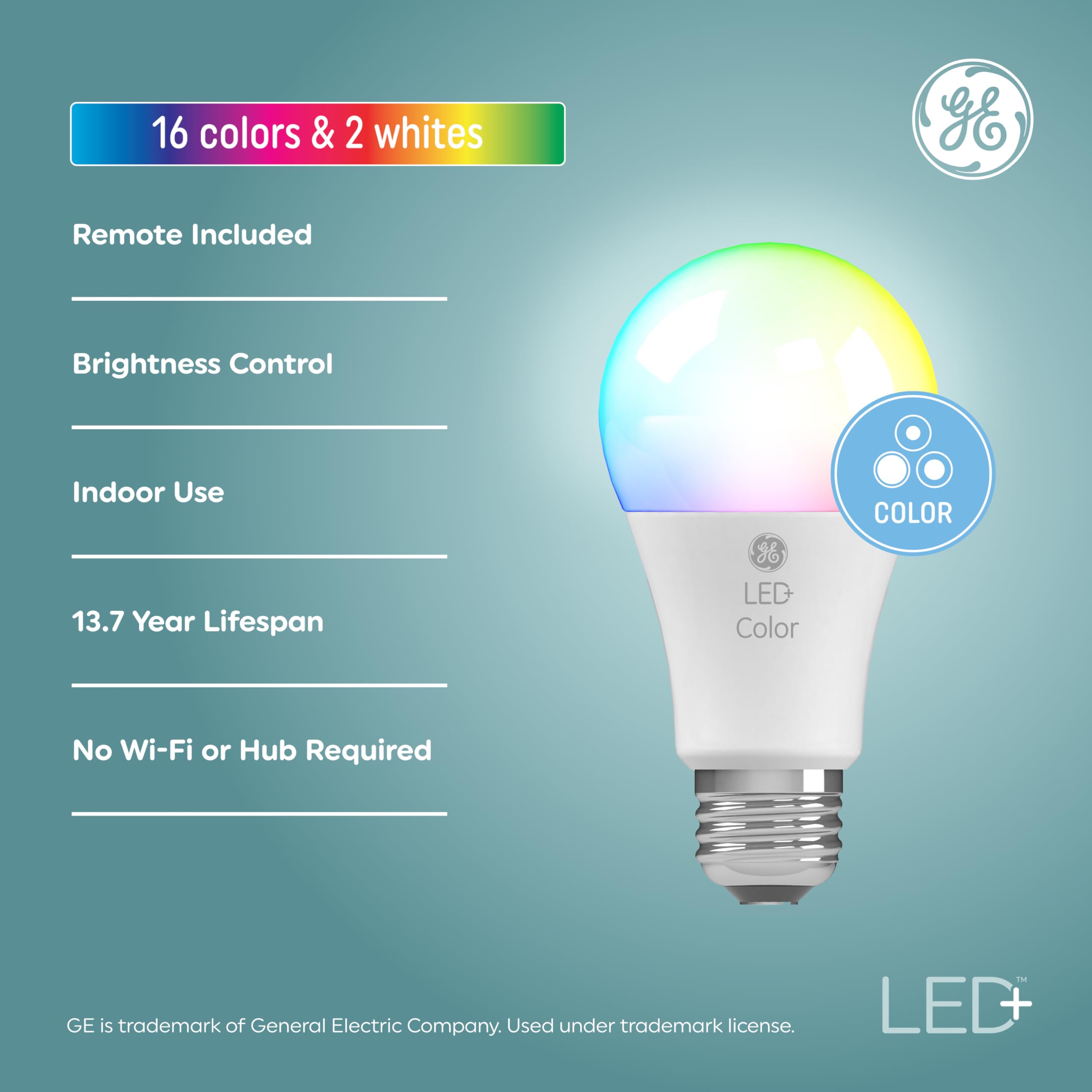GE Lighting LED+ Color Changing A19 Light Bulbs, Remote Control, CA Compliant, 2 Pack, Plastic