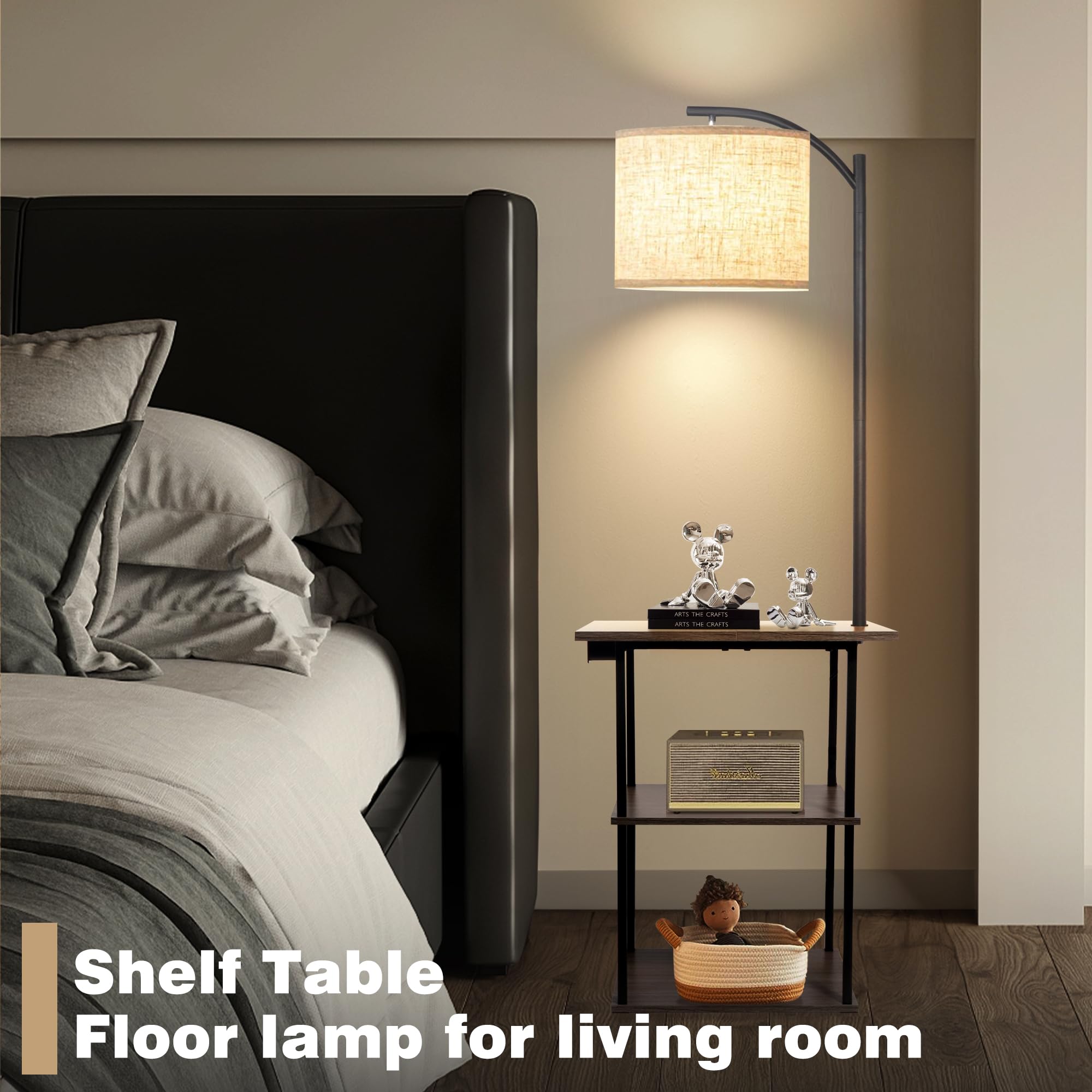 Pesrae Floor Lamp With Table, End Table With Charging Station(Usb & Type-C & Ac Port), 3 Color Temperatures 9W Led Bulb, Modern Shelves Side Table For Bedroom, Living Room