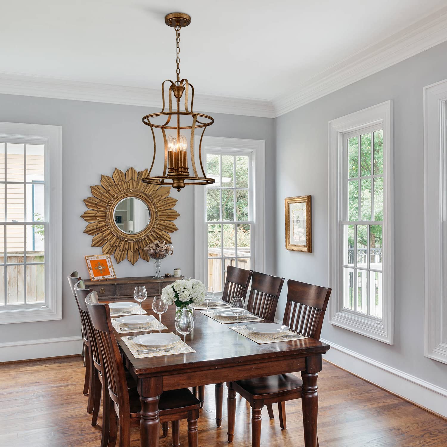 Teenyo Modern Lantern Pendant Light 4-Light Lantern Chandelier Lighting, Rusty Gold Lantern Pendant Lightis For Kitchen Island D