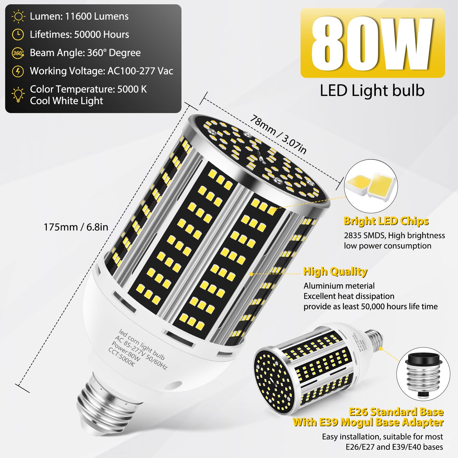 80W 2 Pack Led Corn Light Bulb(800W Equivalent ),Commercial Grade Daylight 5000K E26/E39 10500Lm Medium Mogul Base Led Lamp,Larg