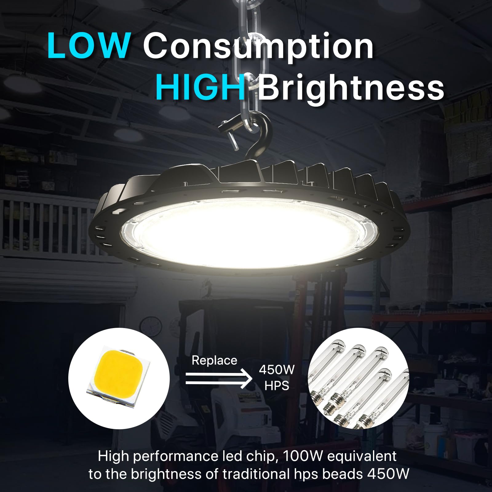 HYPERLITE High Bay LED Shop Lights 100W 4 Pack - 14000LM UFO Garage Lights, Black, ETL Listed