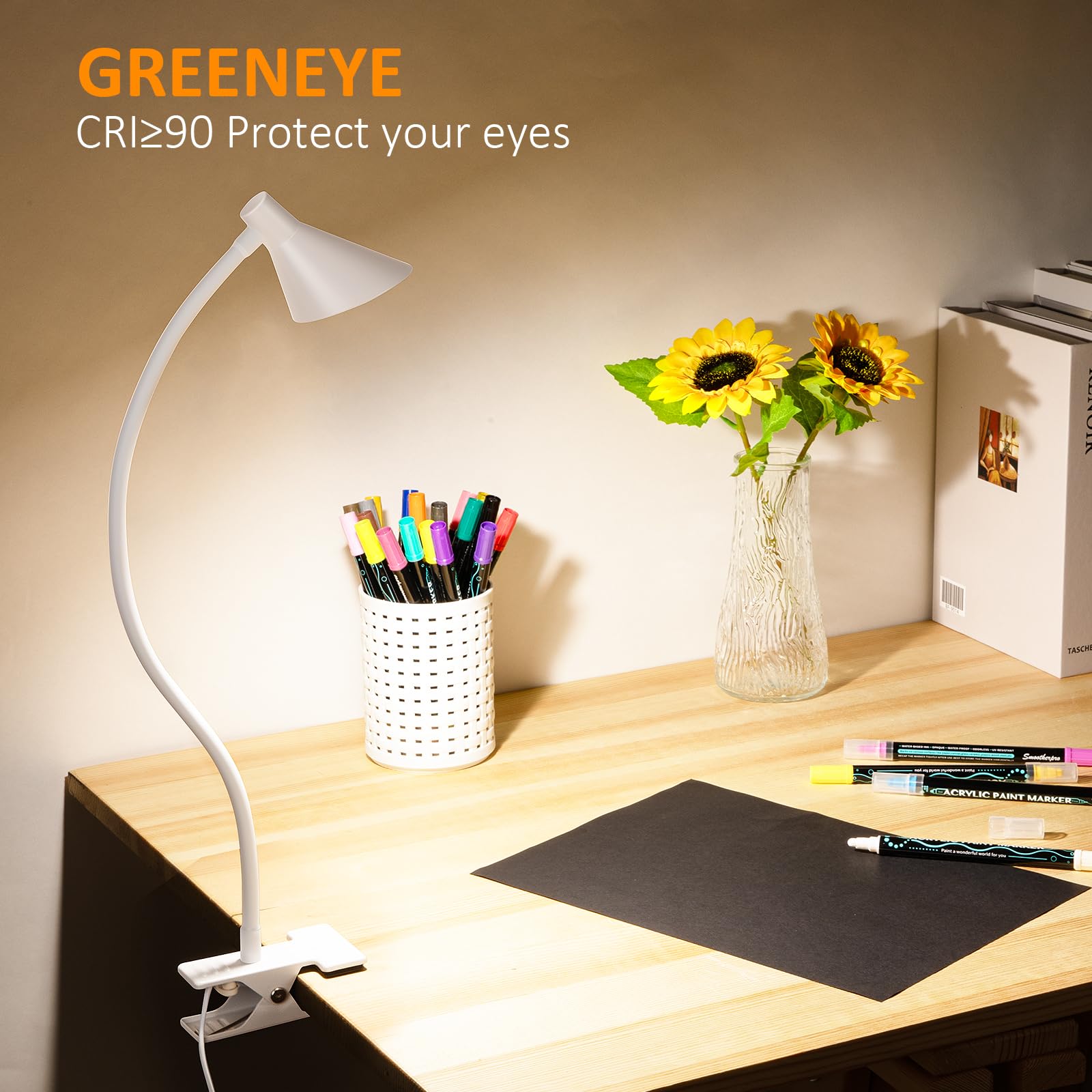 LiFMIRA Clip-On Desk Lamp, USB Reading Light, 3 Color Modes, 10 Dimmable Brightness, White, Flexible Gooseneck, Model BL07