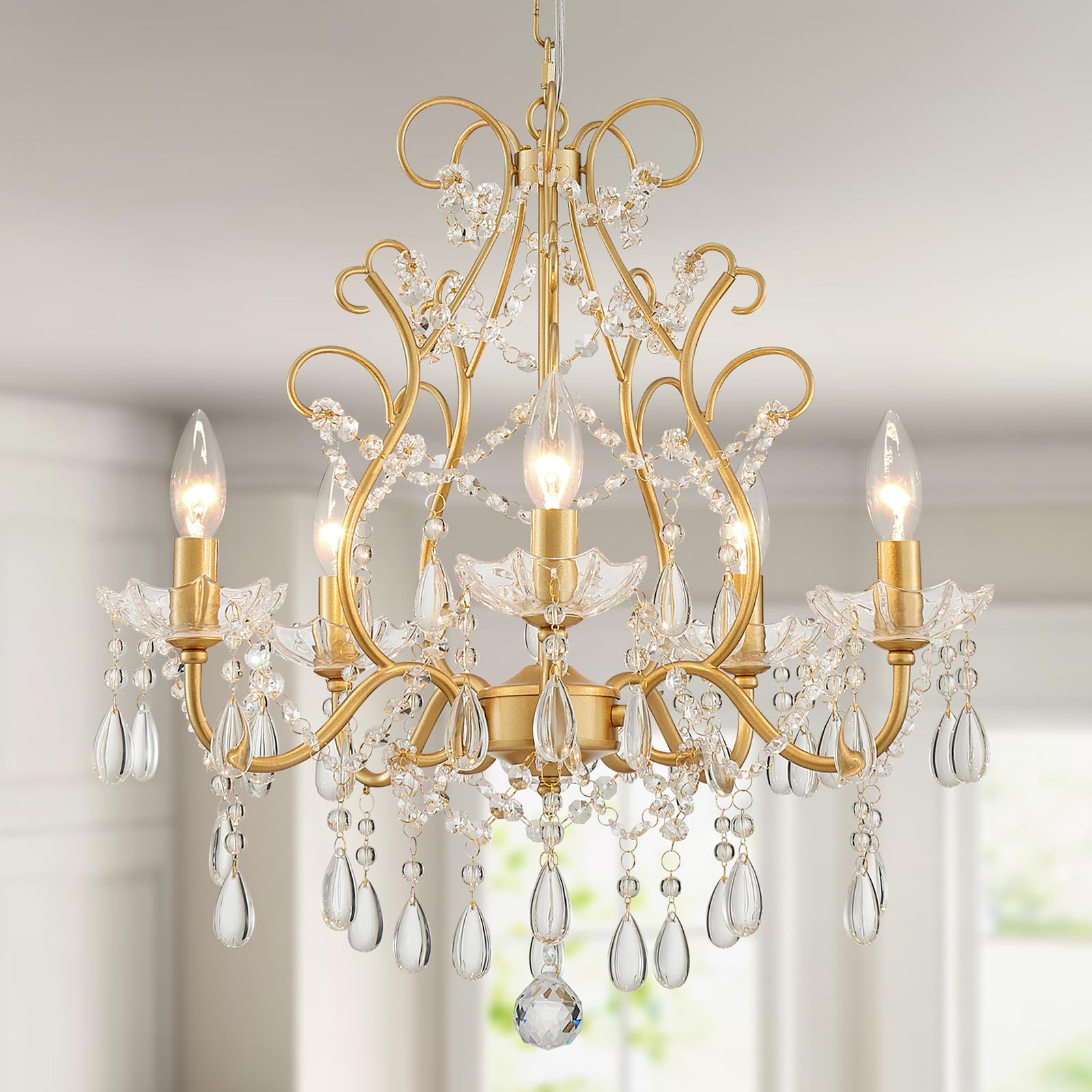 Wuzups 5-Light Crystal Candle Chandelier Pendant Ceiling Light Modern Lighting Fixture For Bedroom Hallway Bar Kitchen Bathroom  H 23.2 W 20.7  E12 Base  Gold