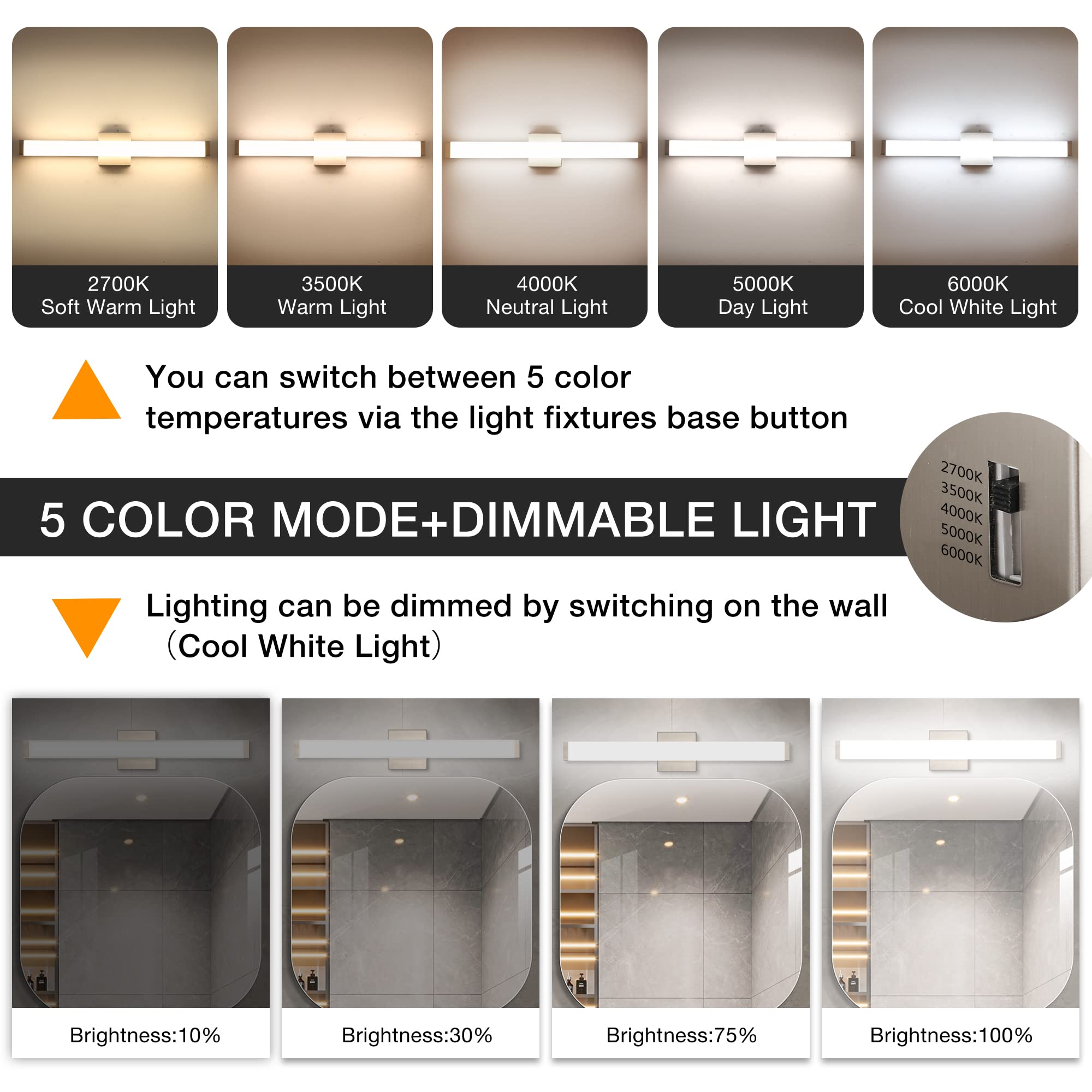 Yhtlaeh 24" Brushed Nickel Led Bathroom Vanity Light, Dimmable 14W, Natural White