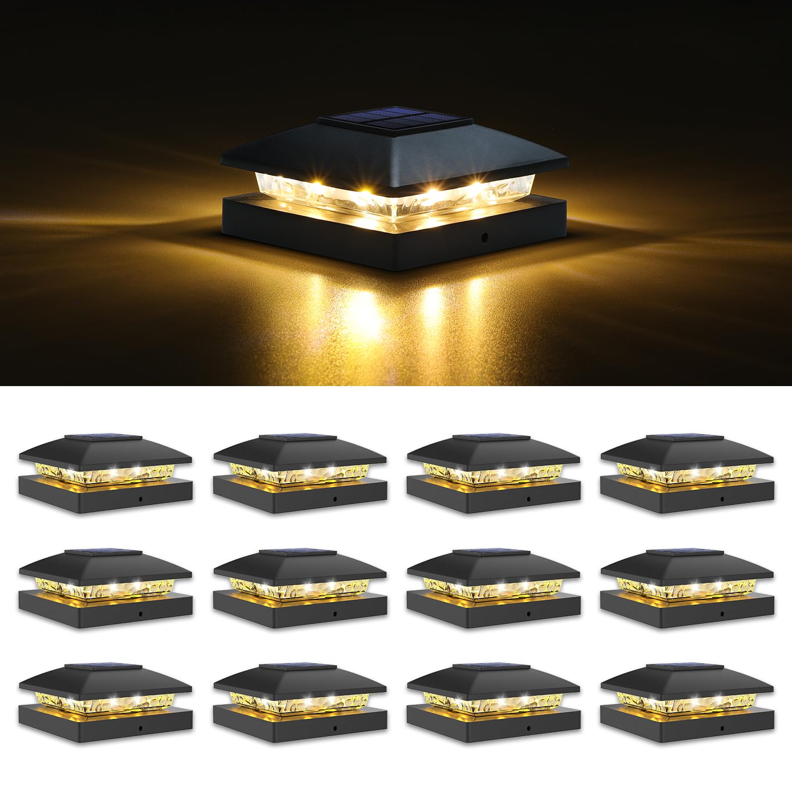 VOLISUN 4x4 Solar Post Cap Light 12pack,Solar Fence - Cap Lights Outdoor Waterproof for Wooden/Vinyl Post,Black Deck Post Cap Li