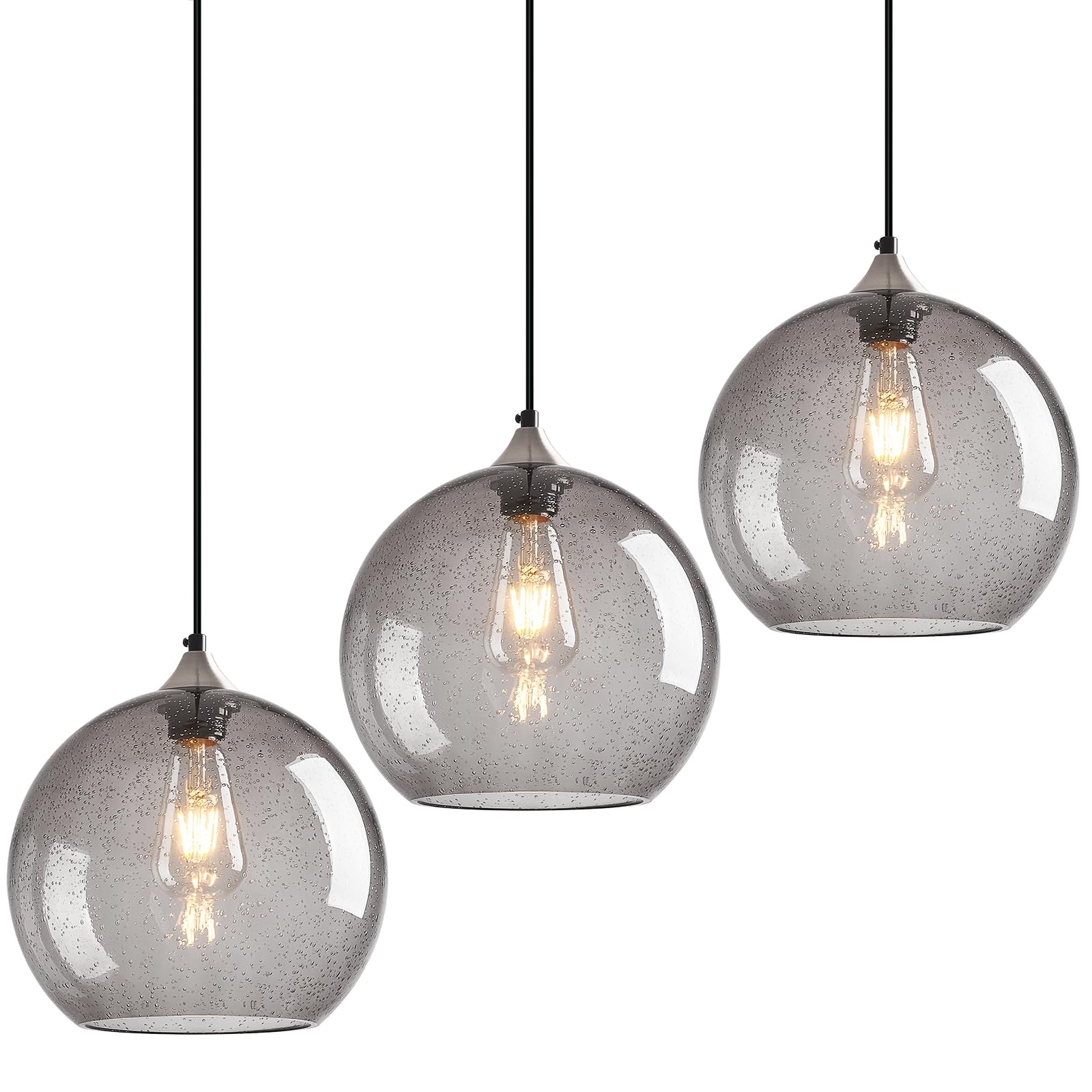Lbsqj Light Grey Glass Pendant Lights Kitchen Island Globe Pendant Light Fixtures Modern Pendant Lighting For Bedroom Living Dining Room Light Fixture (9.84 In  3 Pack)