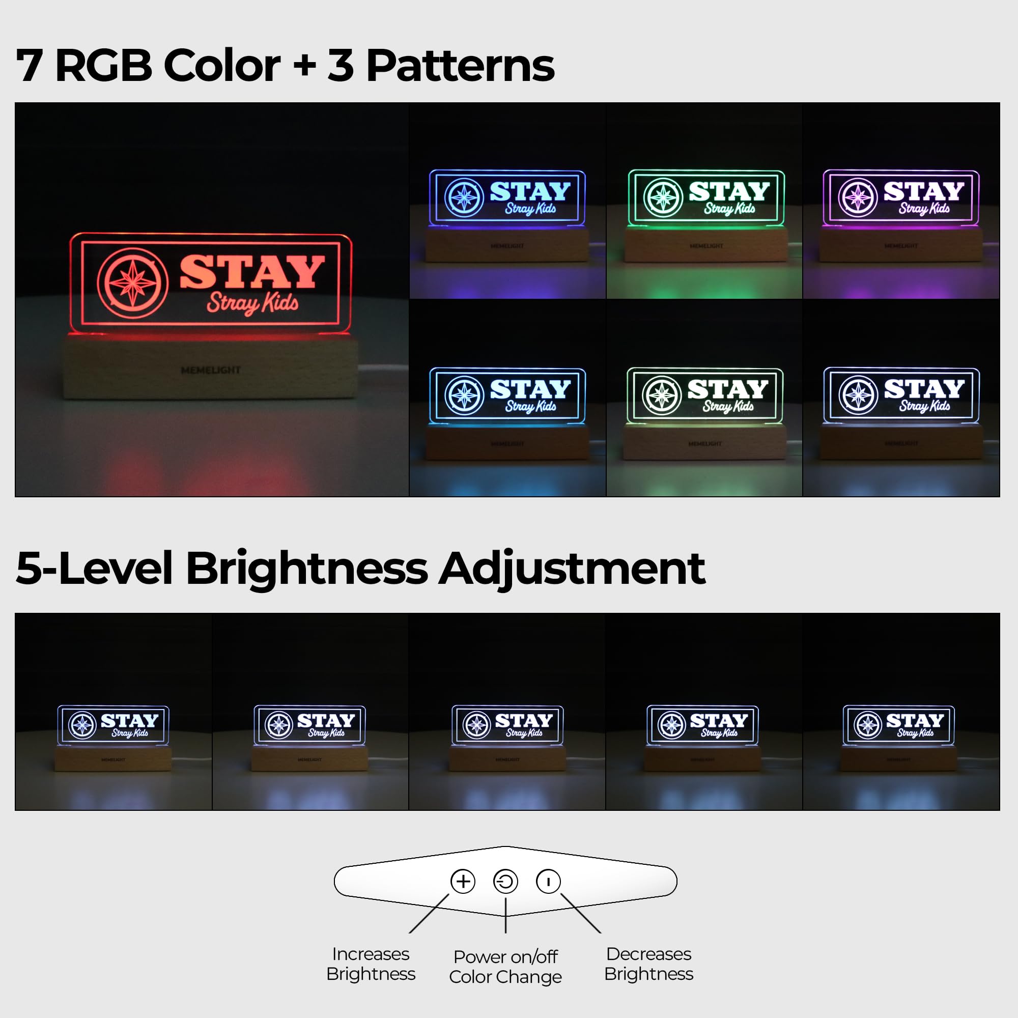 Memelight Stray Kids Fan Club Merchandise, Kpop Lamp For Stay, 7Rgb Color, Dimmer, 8.3 X 4.2 X 1.7