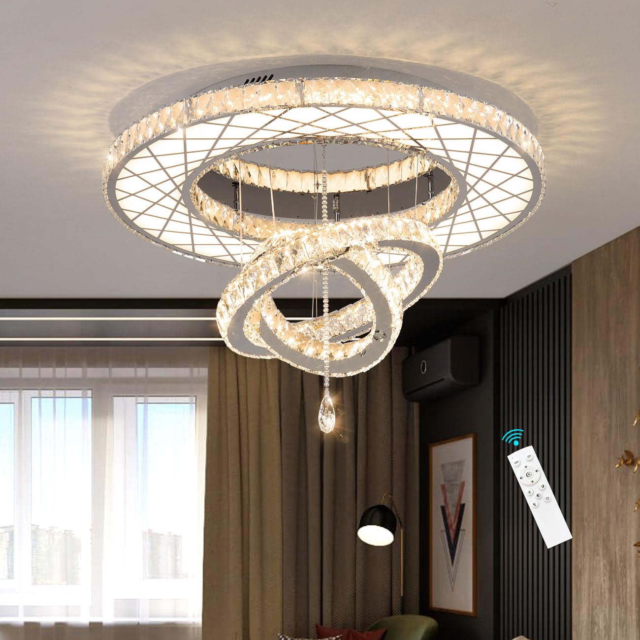 HAIXIANG Crystal Glam Chandelier LED Ceiling Light Dining Bedroom Interior Lighting Fixtures Remote Dimmable Ceiling Chandeliers