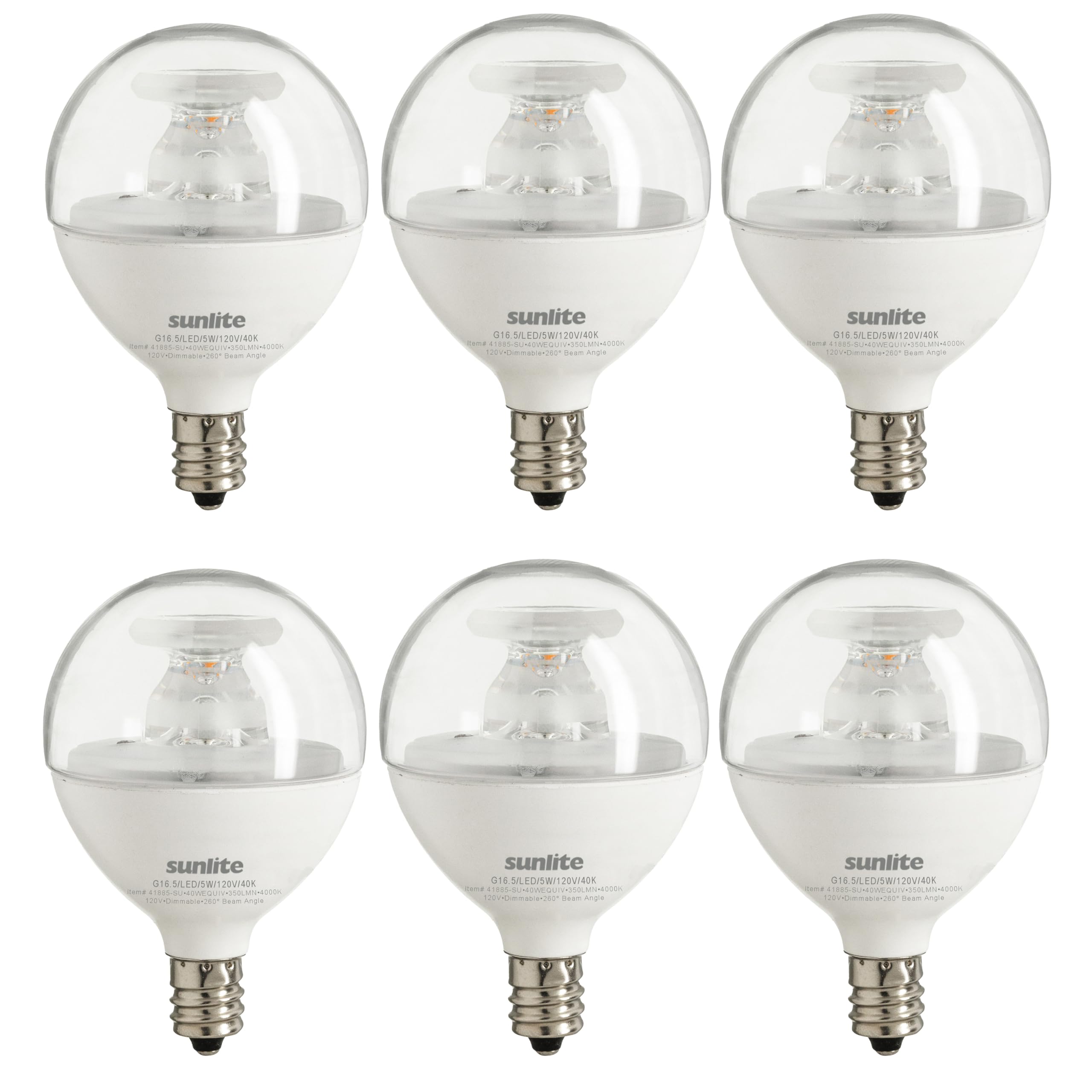 Sunlite G16.5 Light Bulb Led, 5W (40W Equiv.), 350 Lumens, Dimmable, Type G Globe Shape E12 Candelabra Base, Short Bulbs, Vanity
