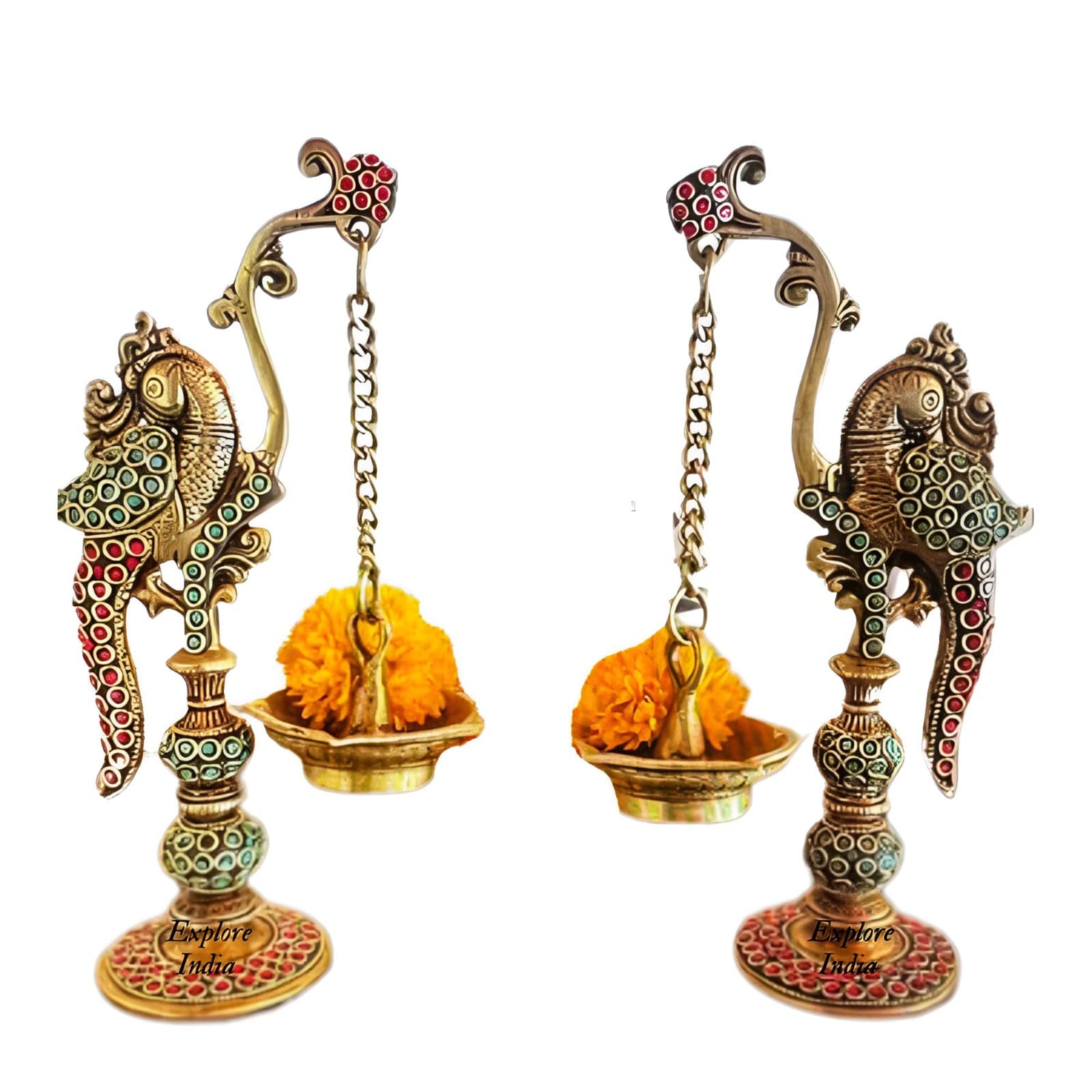 Brass Parrot Diya Oil Lamp Chain Multi Gemstone Work | Home & Office Decor | Gifting Idol, Housewarming etc | Bird Design Diya S
