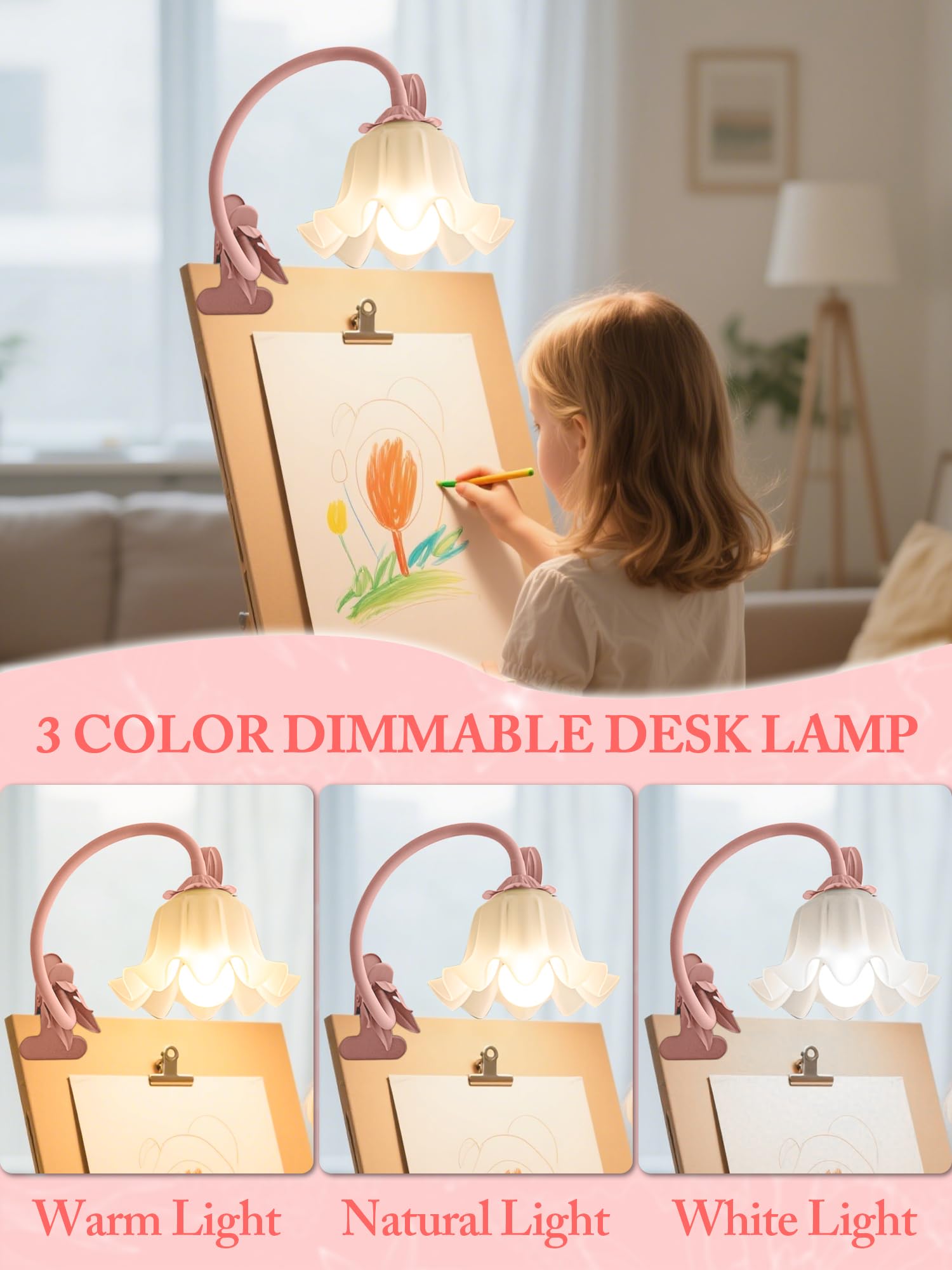 AQDZCNF Flower Clip Light, LED Desk Lamp, 360° Rotation, Vintage Design, Acrylic, Pink