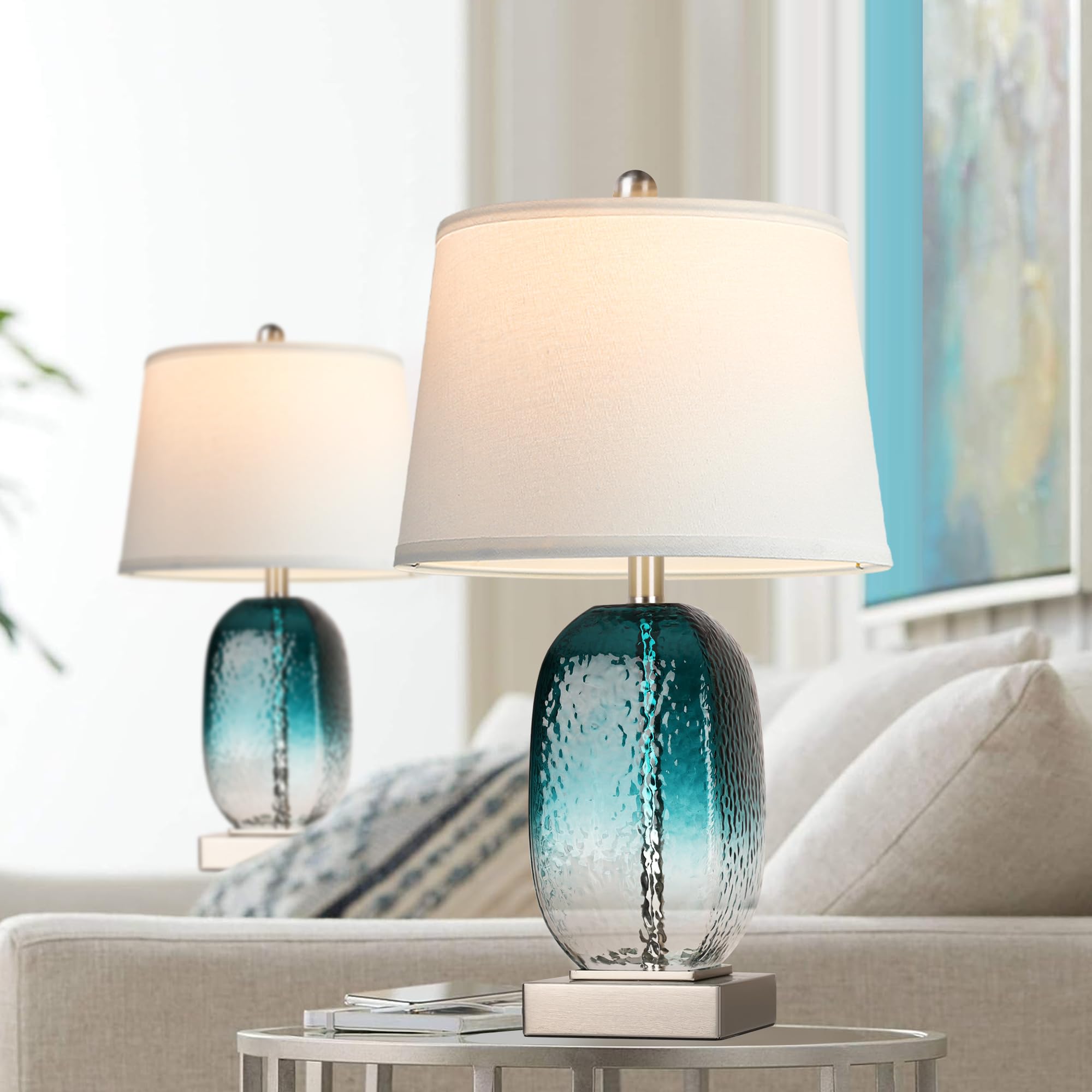 Partphoner Table Lamp Set Of 2 - Touch Control, 3-Way Dimmable, Teal Glass, Usb Ports, Led Bulbs Included, Modern Coastal Design