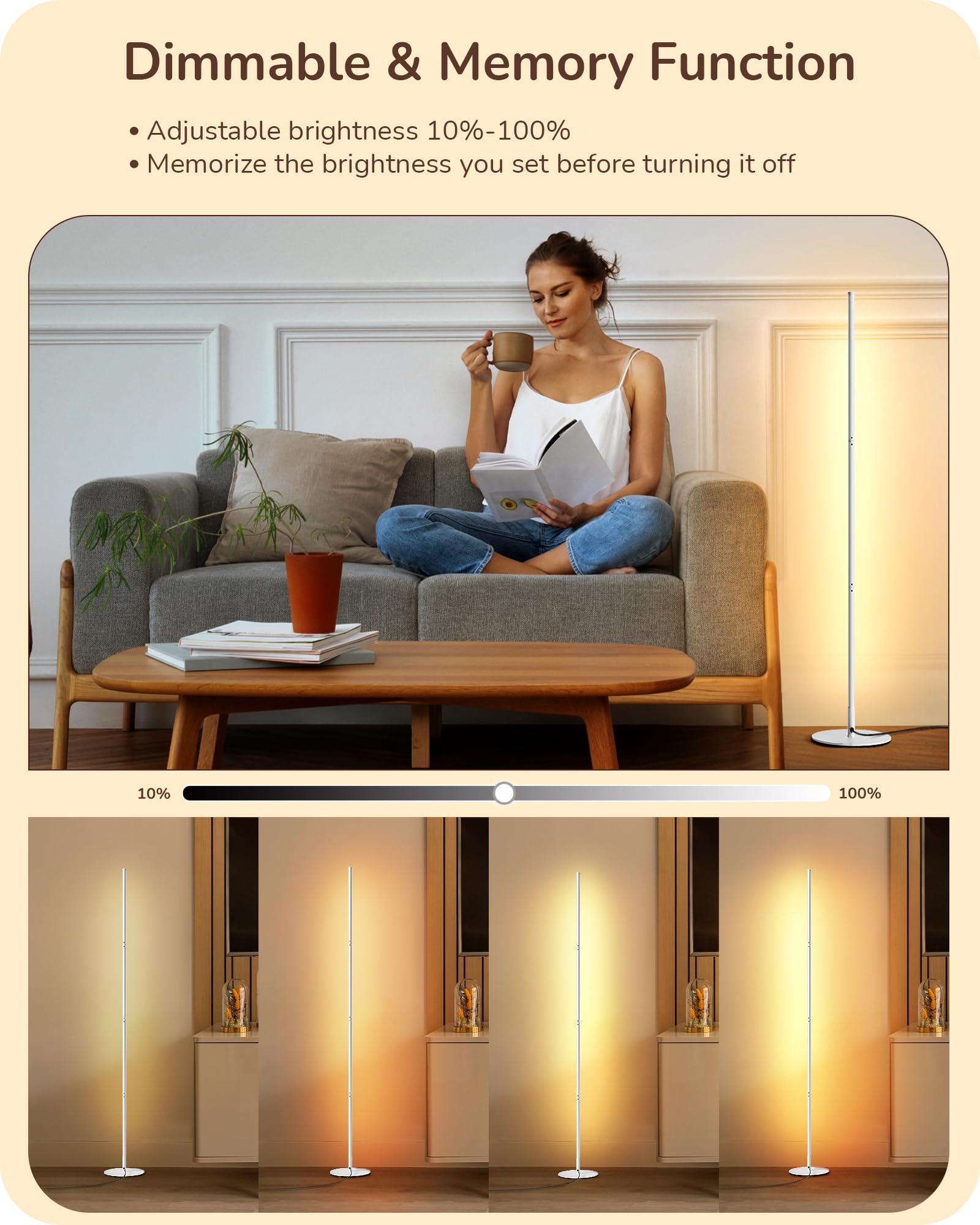 Edishine 57.5&quot; Led Corner Floor Lamp, Dimmable Adjustable Height, Warm White Light, White