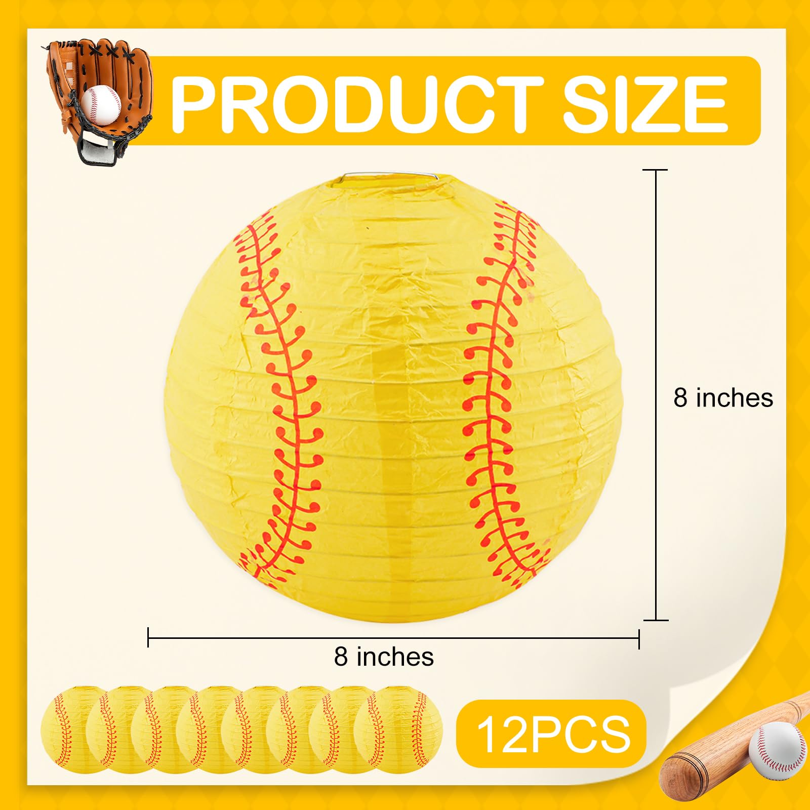 12 Pcs Softball Paper Lantern, 8 Inch Softball Lanterns Hanging Decoration Sport Party Softball Paper Lanterns For Little League