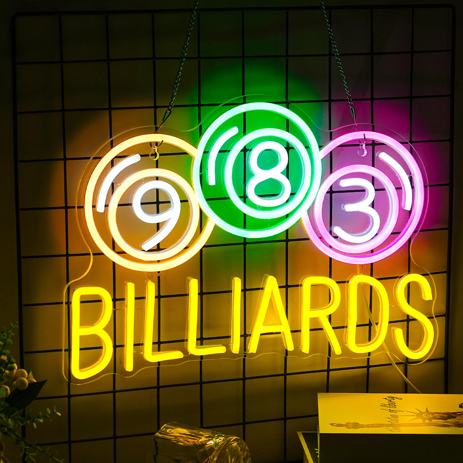 Billiards Neon Sign Led Colorful Neon Light For Wall Decor Dimmable Usb Neon Lights For Billiard Room Game Party Decor Bedroom Man Cave Boys Gift(16.9X11.8)
