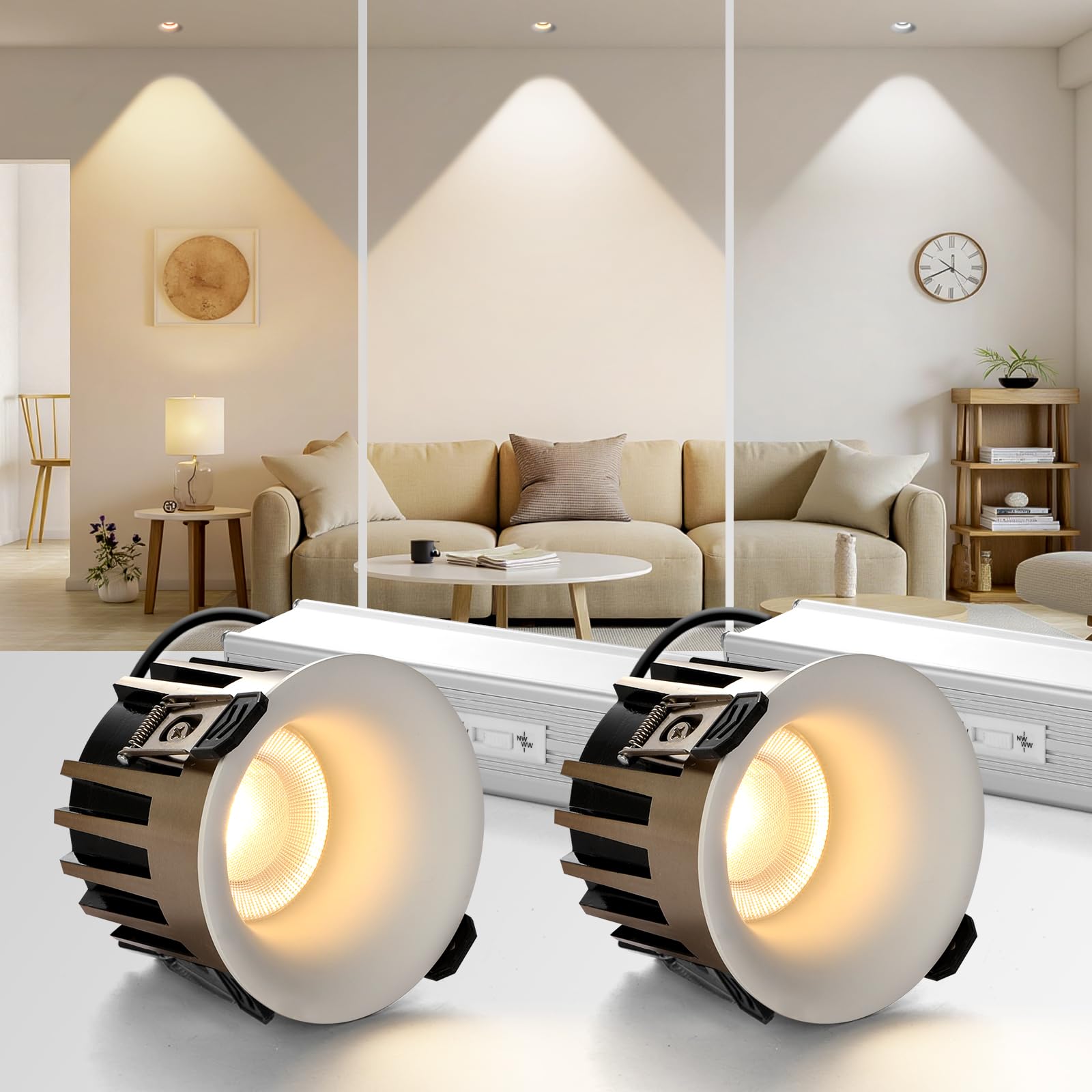 HITOO 3 Inch Recessed Ceiling Light, Dimmable Recessed Lights with J-Box, 3CCT Trimless Soffit Canless Light 3000-6000K Selectab