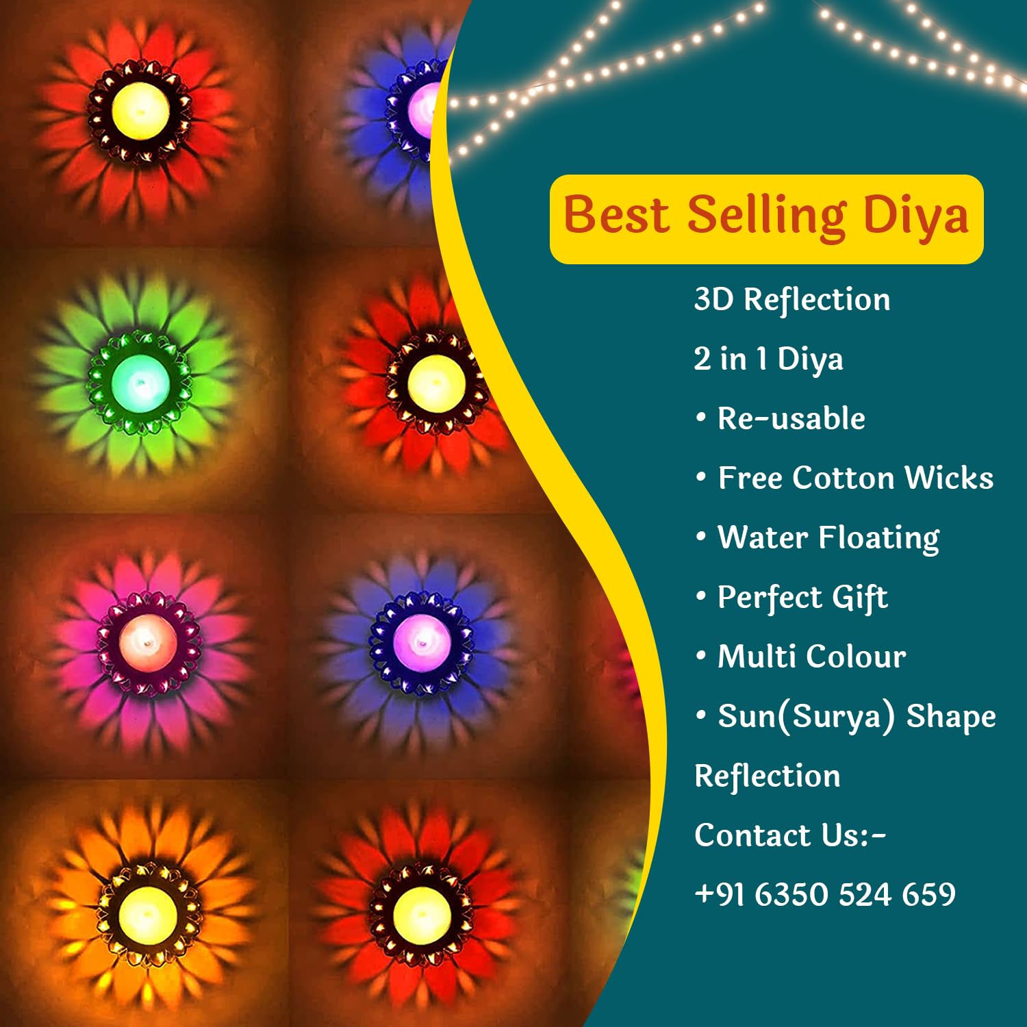 CraftVatika Diyas for Diwali Decoration Item for Home Decor 12 Designer Transparent Diya Deepak 3D Floating Reflection Colourful