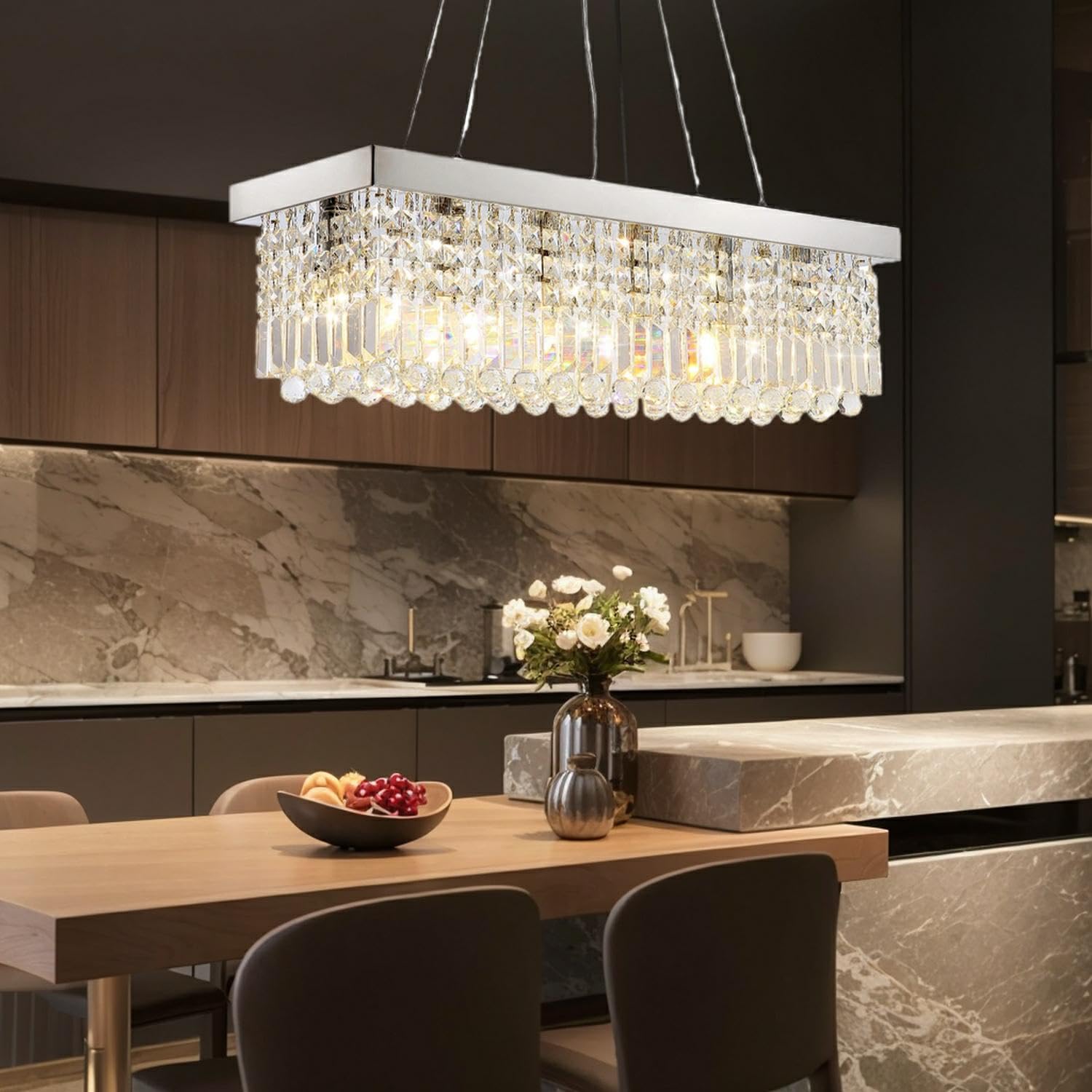 Tinkoso Crystal Chandelier For Dining Room,6-Light Modern Chandeliers,K9 Crystal Rectangle Chandelier,Farmhouse Pendant Light Fi