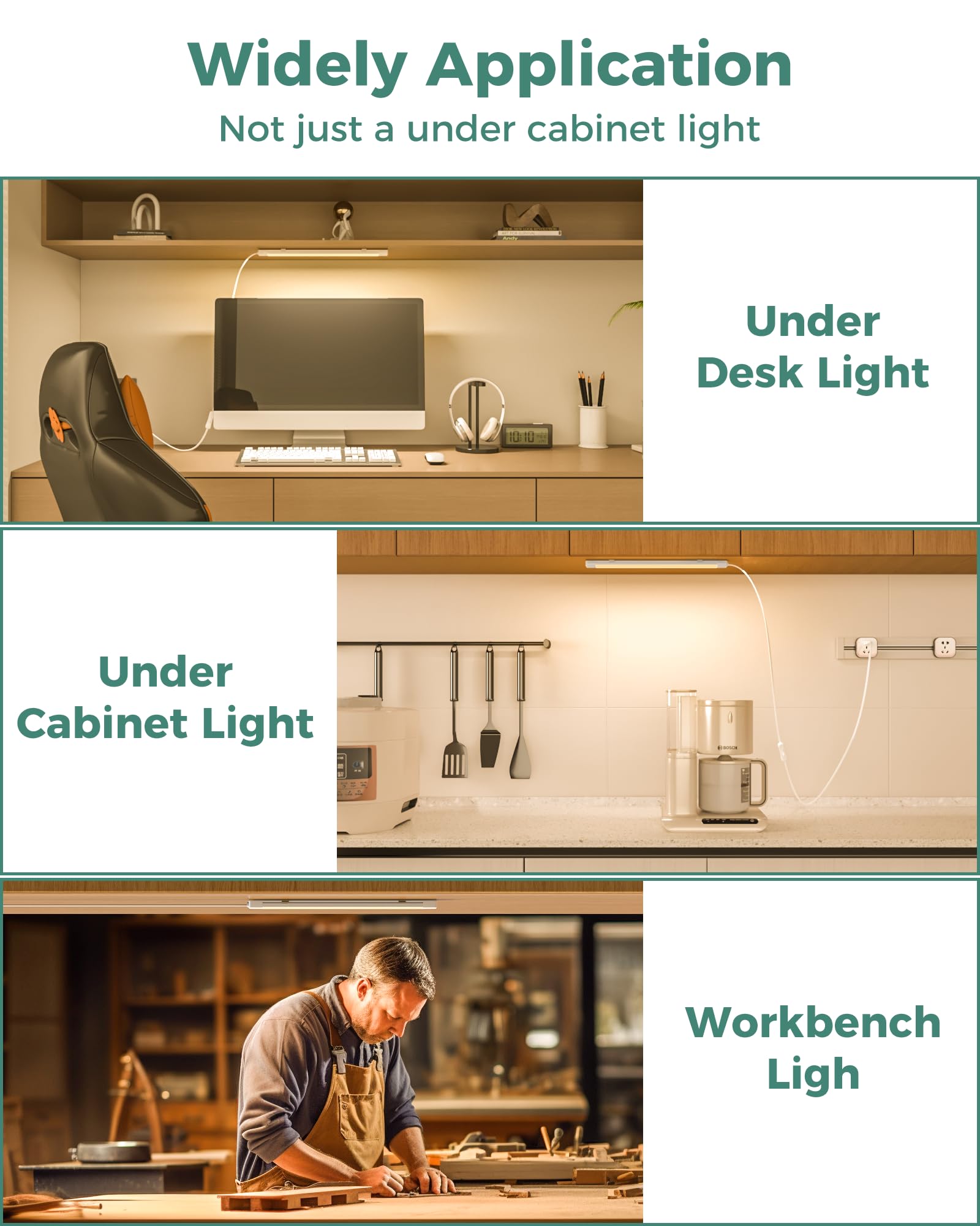 ASOKO Under Cabinet Lights - 16 Inch Warm White ETL Light Bar, 700LM Bright, Plug and Play with ON/Off Switch, Model UNO-LKF
