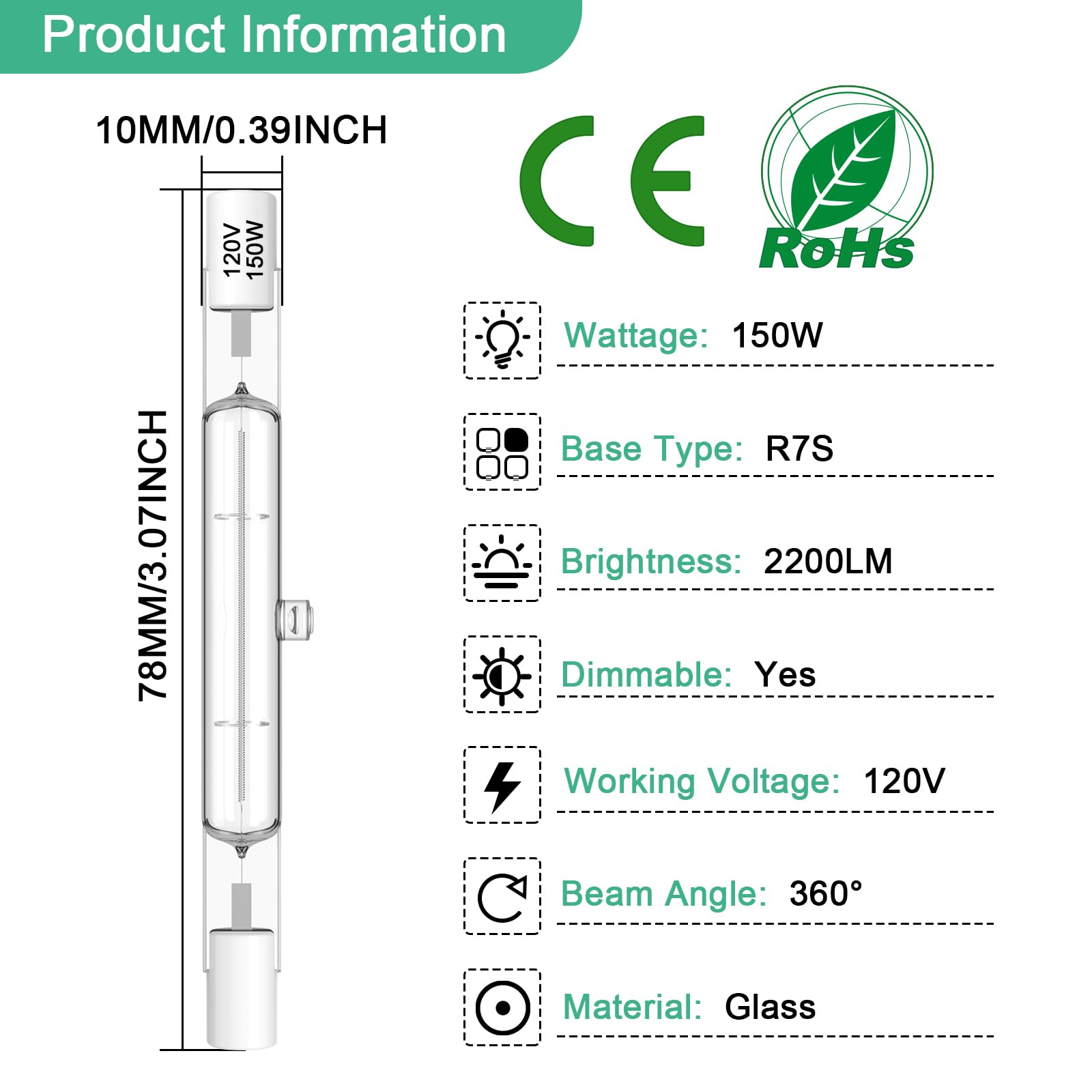 R7S Bulbs,5 Pack Halogen Bulbs R7S 78Mm T3 150W 120V,2200Lm J-Type Halogen Light Bulb With Long Lifespan,3-Inch Long Double Ende