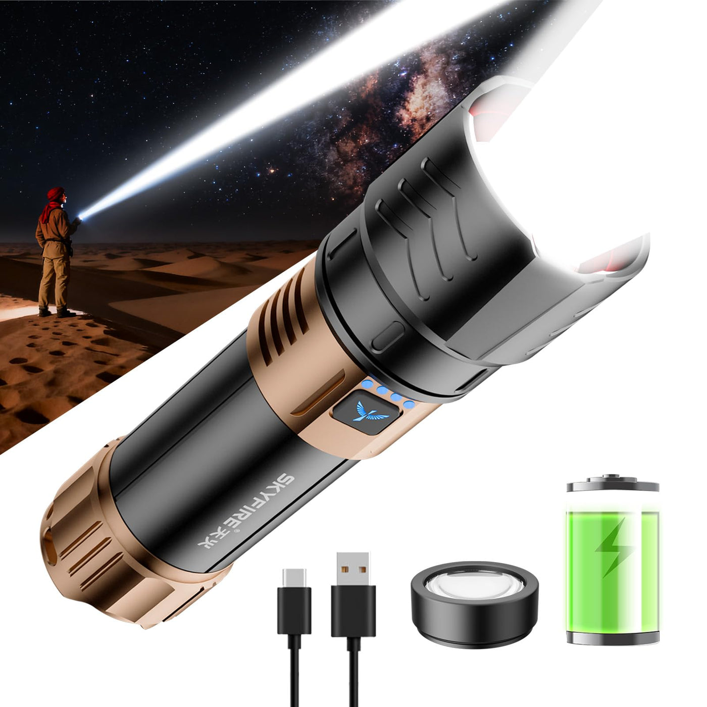 cool flashlights rechargeable SKYFIRE Rechargeable Flashlight 3000lm Super Bright, Zoomable, Waterpr – Lightsdaddy