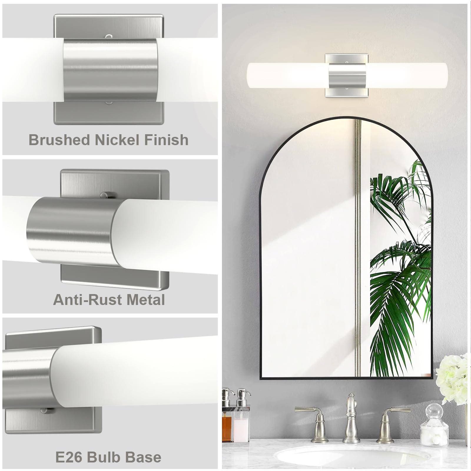 Kalium Bathroom Wall Sconces Set of 2, 21 Inch Modern Vanity Lights, Frosted Glass Shade, Brushed Nickel Finish, Model WL052A-BN