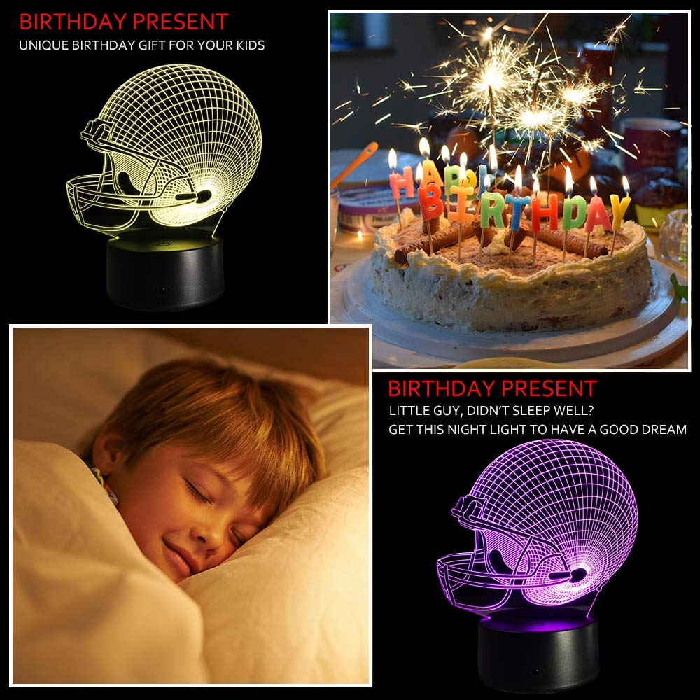 Ticent Football Helmet 3D Lamp Optical Illusion Light, 7 Colors Changing Touch Control Soccer Night Light For Christmas Gifts