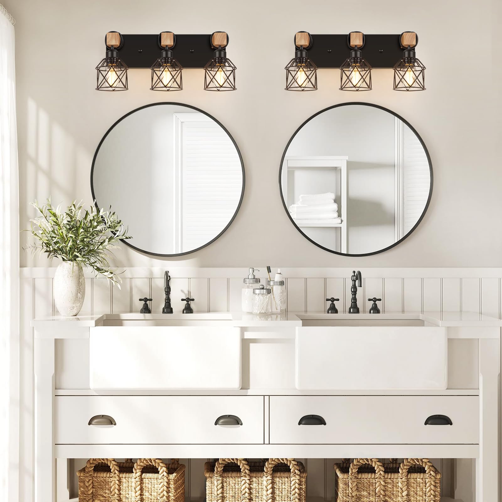 FadimiKoo 3-Light Farmhouse Vanity Light, Black Metal & Wood, Industrial Design for Bathroom, Bedroom, Hallway