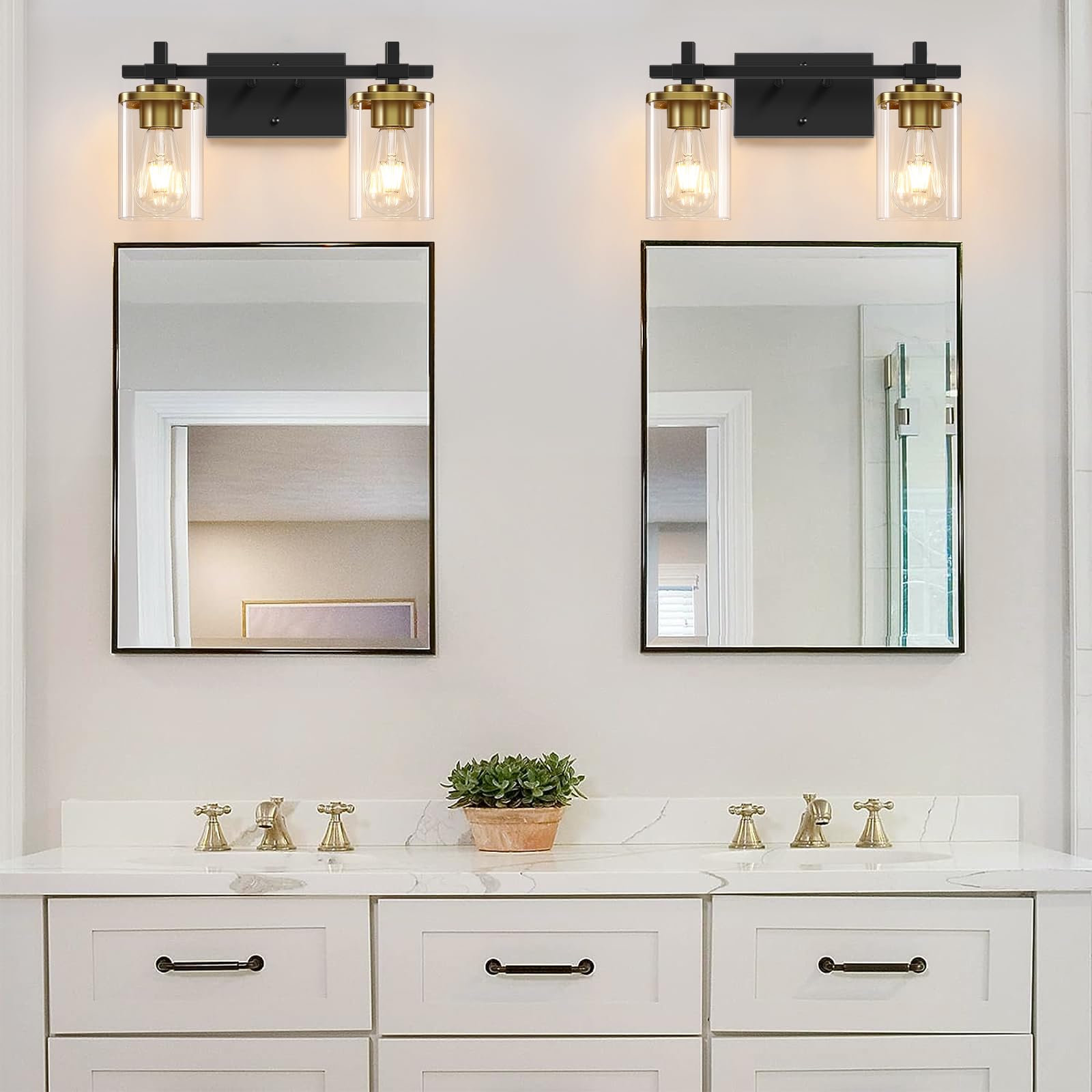 Spiglamm 2-Lights Black And Gold Bathroom Vanity Light, Bathroom Lights Over Mirror With Square Glass Shade And Metal Base, Vani