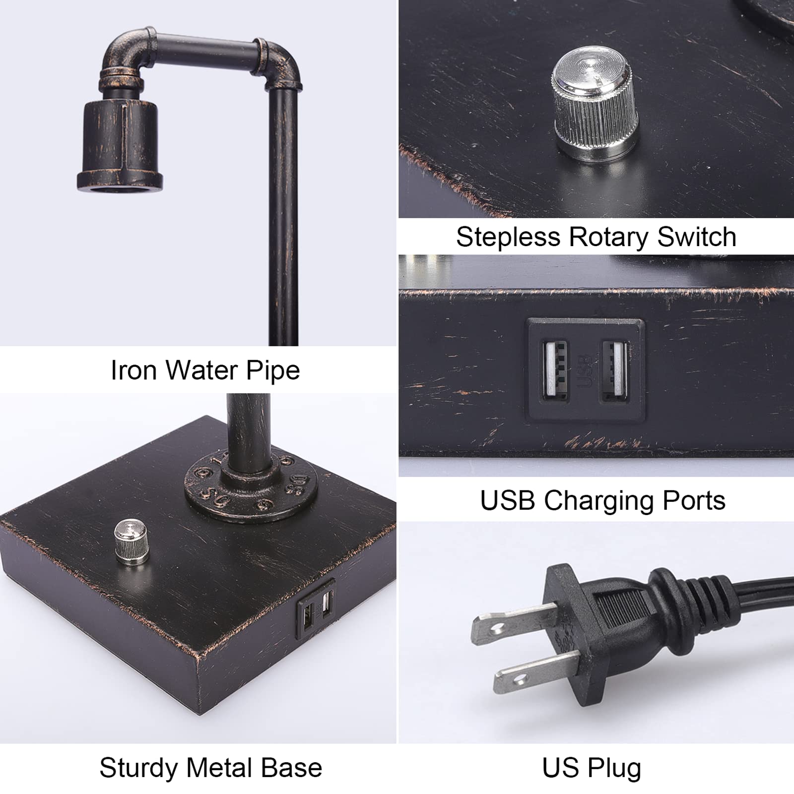 Industrial Table Lamp, Vintage Bedside Lamp With Usb Charging Port Dimmable Steampunk Office Lamp Metal Pipe Edison Reading Lamp