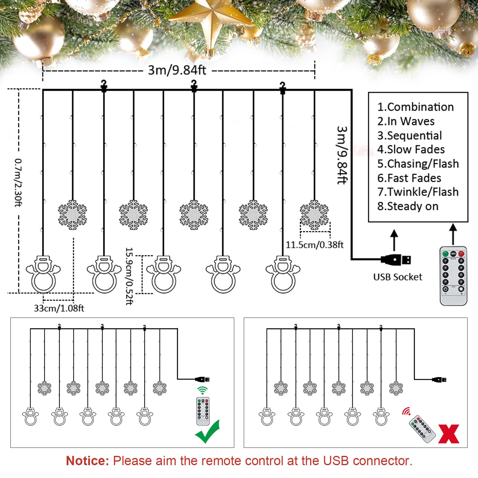 Bloomwin Window Lights Christmas Decor 9.8Ft 5 Snowmen And 5 Snowflakes Icicle Lights Usb Christmas Curtain Lights Winter Decorations For Bedroom Indoor Home Church Wedding Birthday, Warm White